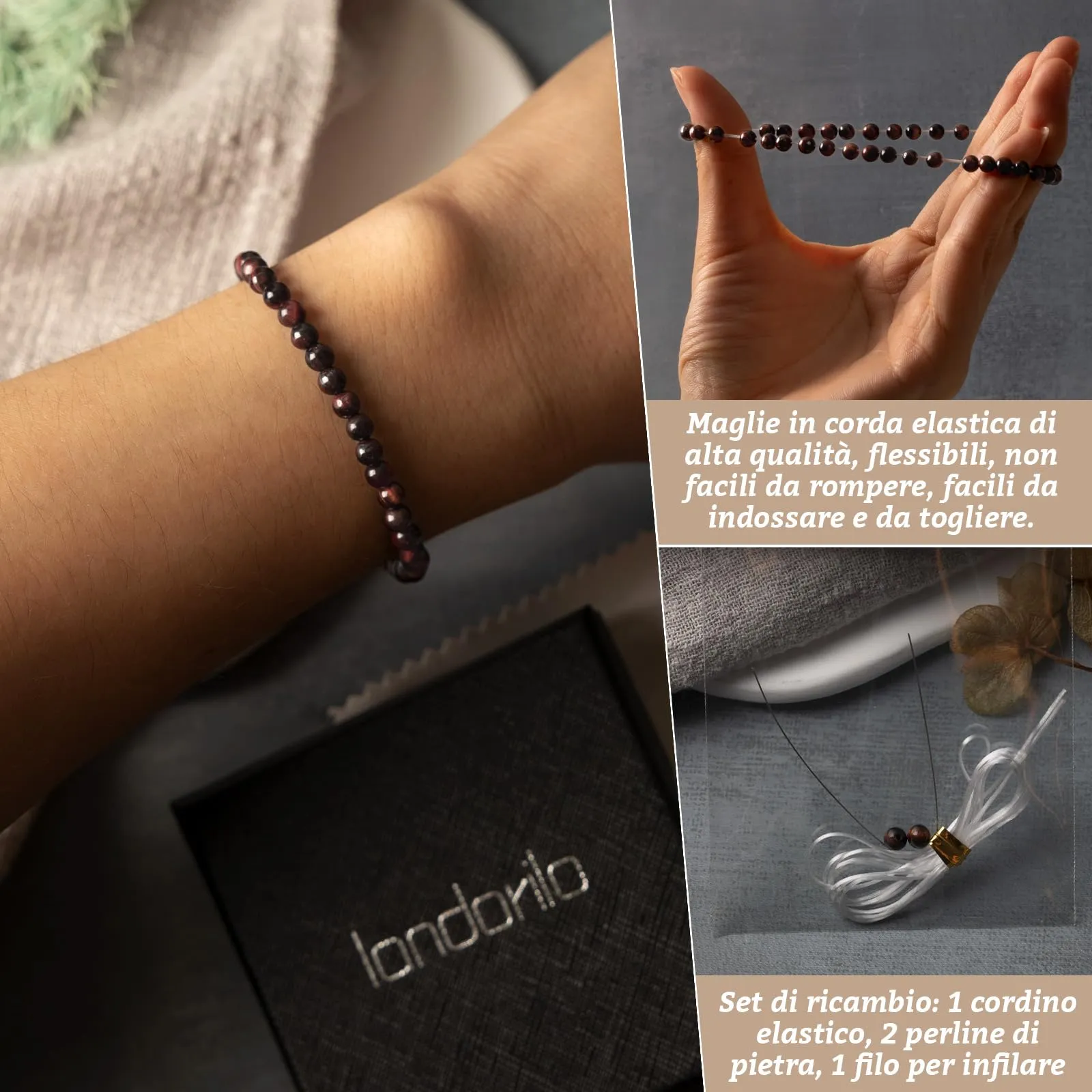 Landorilo Bracciale in Pietra Naturale Occhio di Tigre Rosso, 4 mm, 18-19 cm - immagine 5