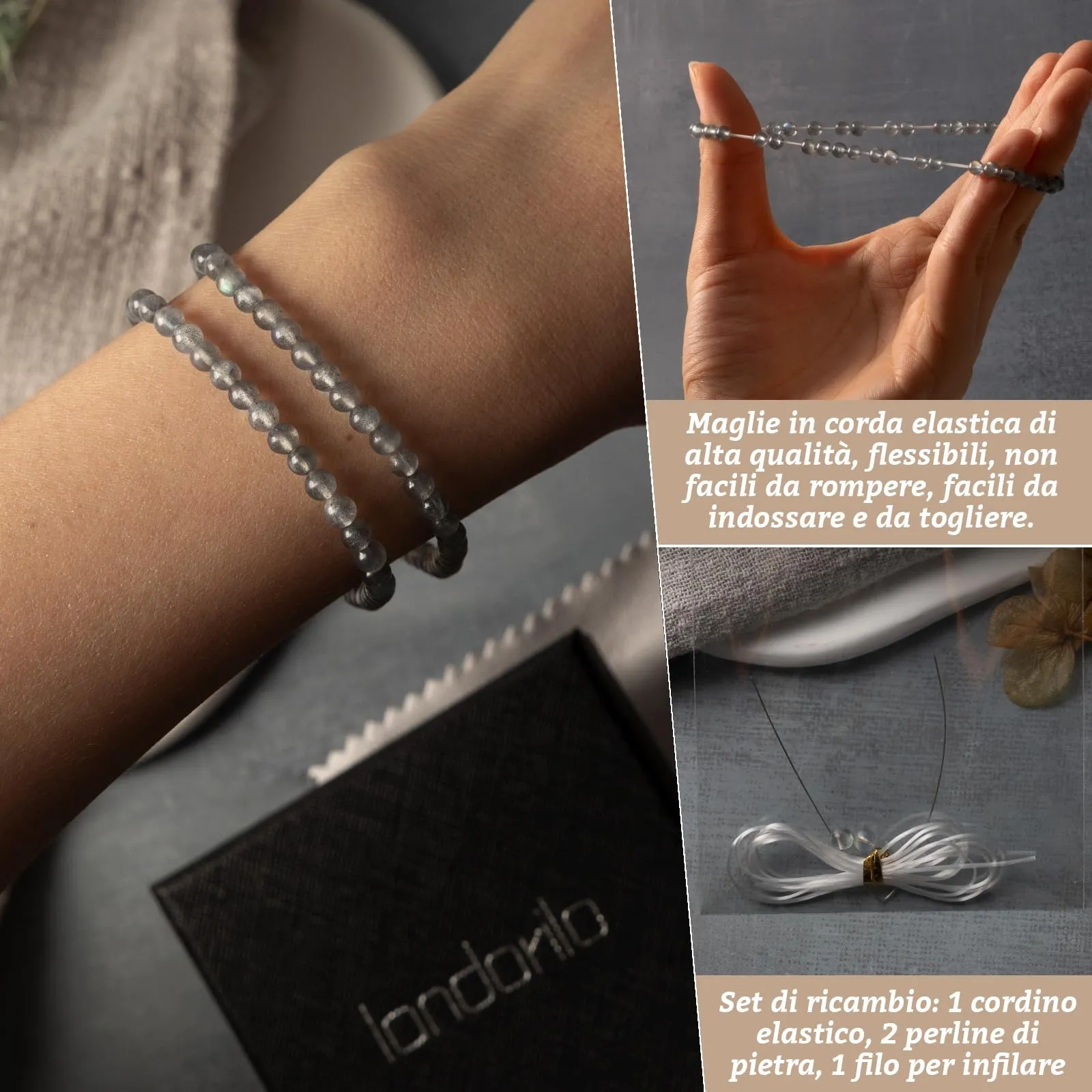 Landorilo Bracciale in Pietra Naturale Labradorite 4 mm, Set da 2 Pezzi, 18-19cm - immagine 5