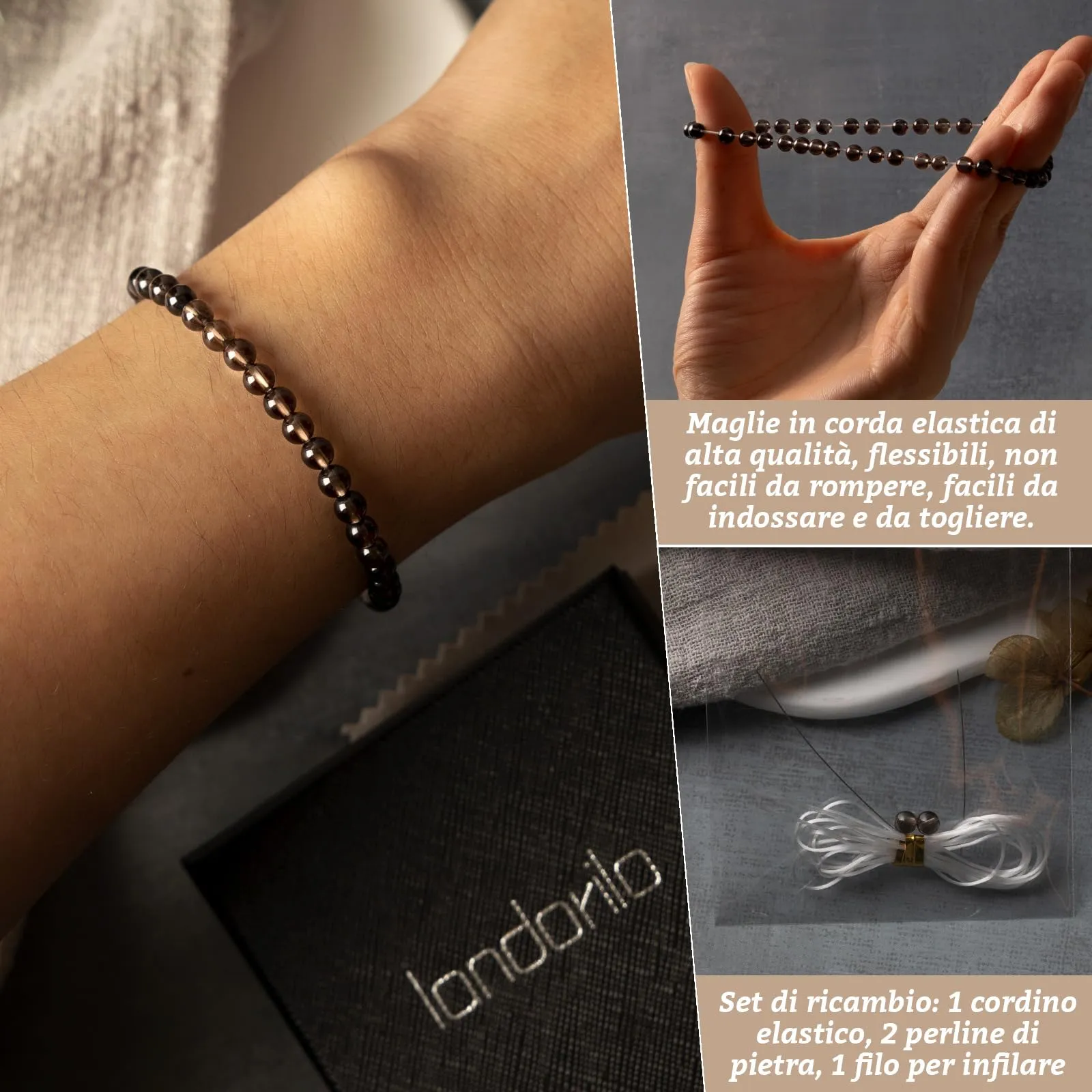 Landorilo Bracciale in Pietra Naturale Quarzo Fumé, 4 mm - immagine 5