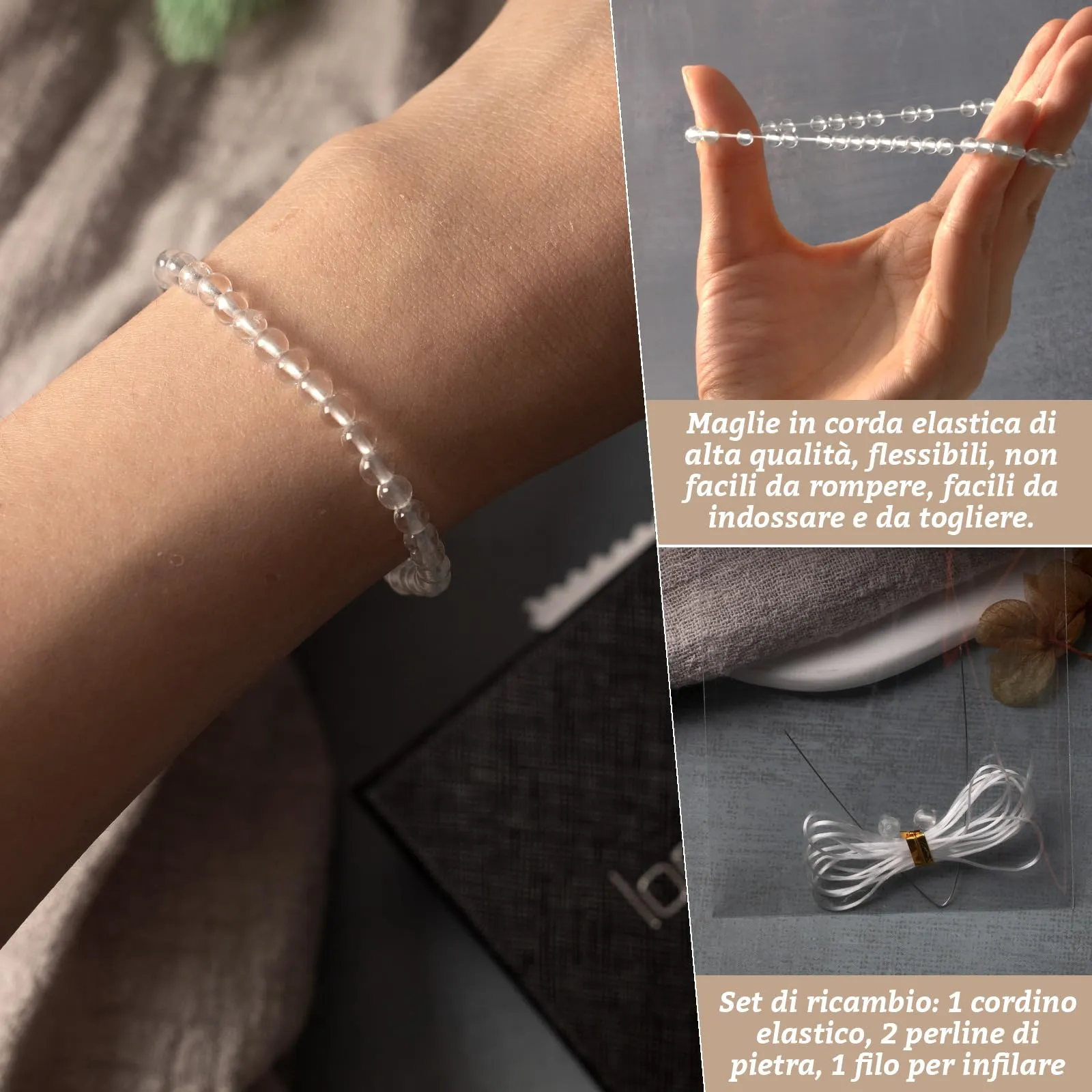Landorilo Bracciale in Pietra Naturale Quarzo Bianco, 4 mm - immagine 5