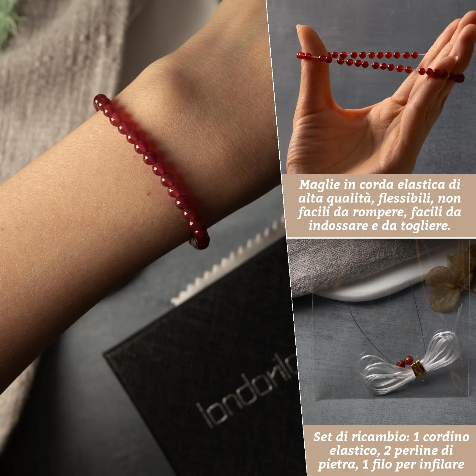 Landorilo Bracciale in Calcedonio Rosso 4 mm - immagine 5