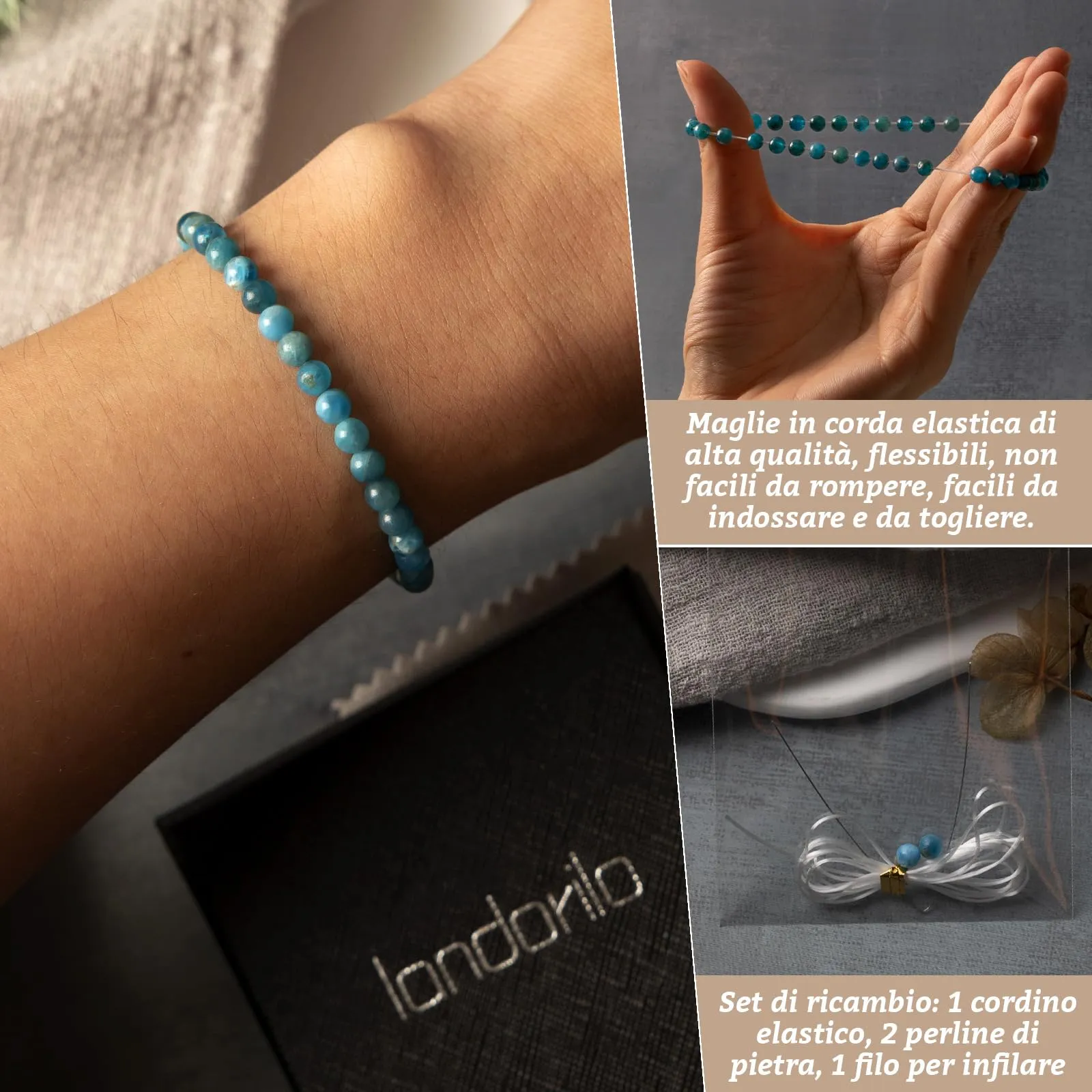 Landorilo Bracciale in Pietra Naturale Apatite, 4 mm, 18-19 cm - immagine 5