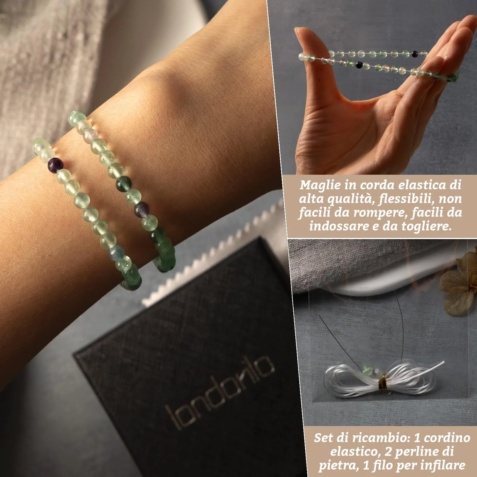 Landorilo Bracciale in Pietra Naturale Fluorite Colorata, 4 mm, Set da 2 Pezzi - immagine 5