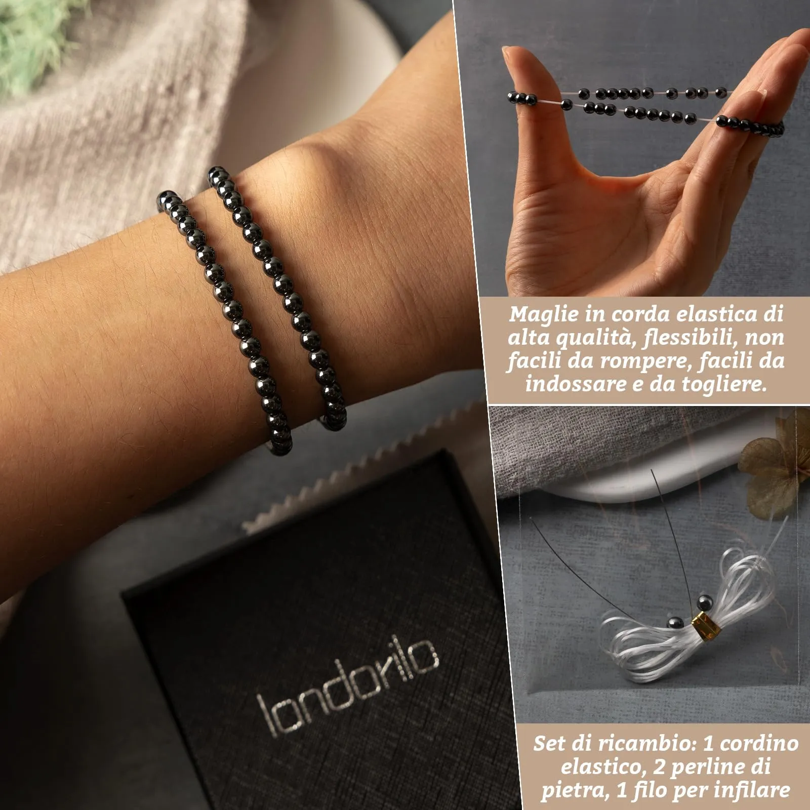 Landorilo Bracciale in Pietra Naturale Ematite 4 mm, Set da 2 Pezzi - immagine 5