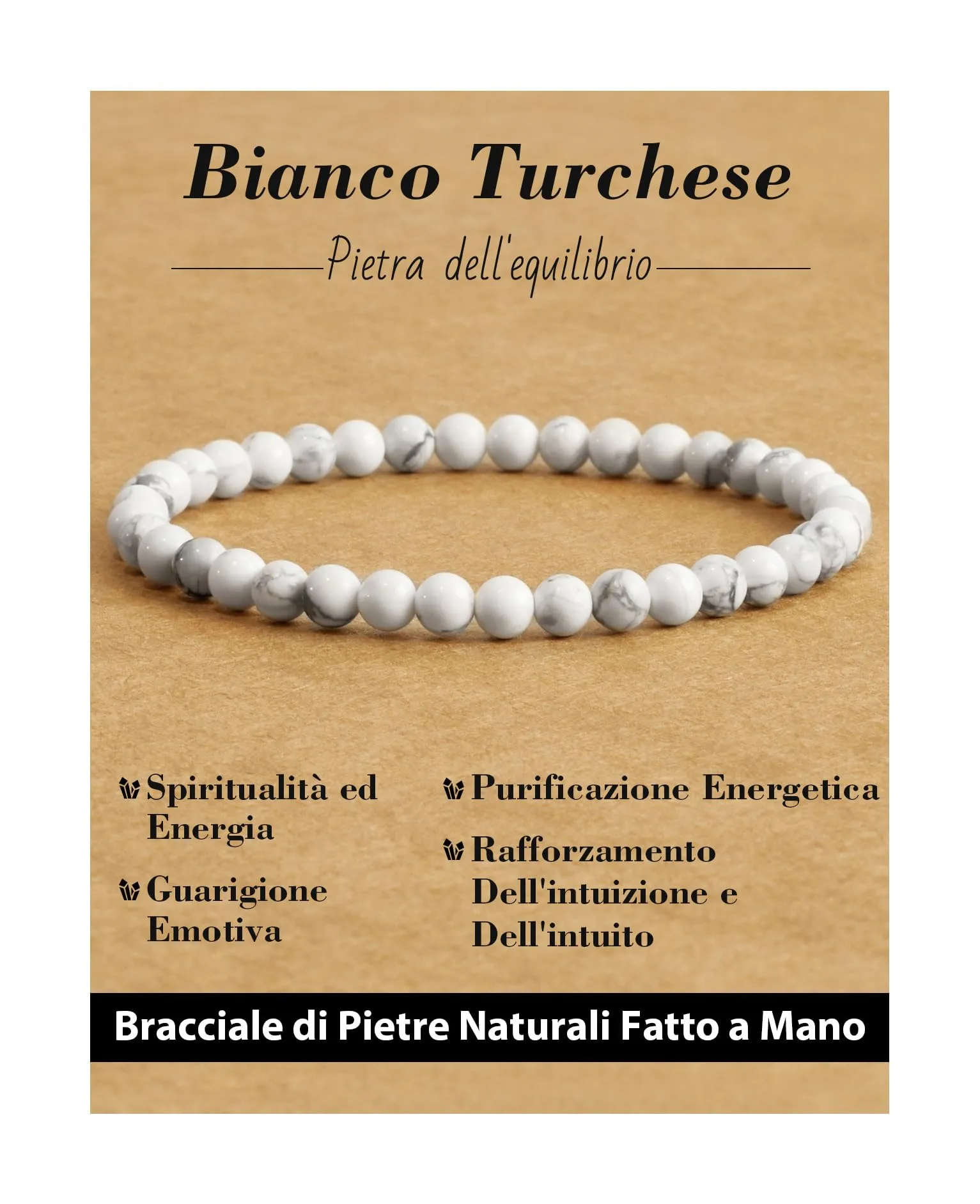 Landorilo Bracciale in Pietra Naturale 4 mm, Bianco Turchese - immagine 1