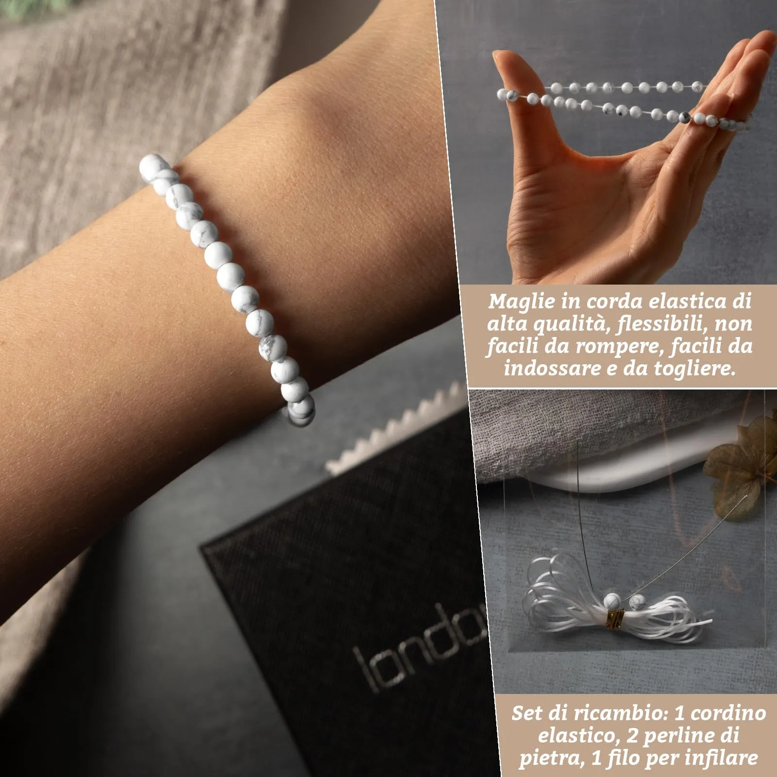 Landorilo Bracciale in Pietra Naturale 4 mm, Bianco Turchese - immagine 5