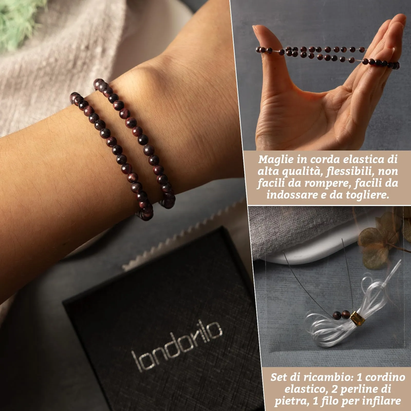 Landorilo Bracciale in Pietra Naturale Occhio di Tigre Rosso, 4 mm, Set da 2 Pezzi - immagine 5