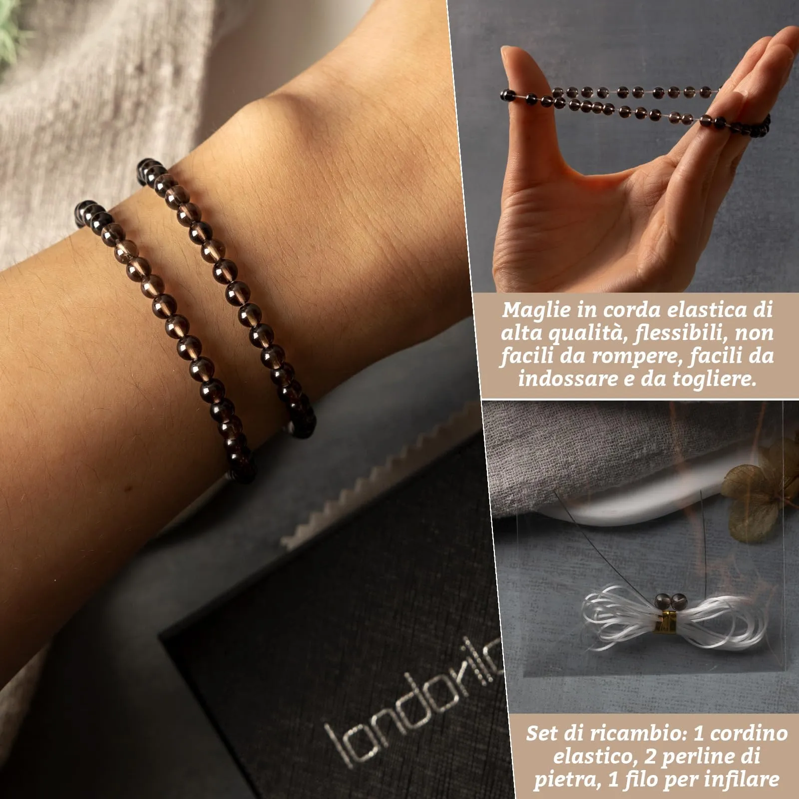 Landorilo Bracciale in Pietra Naturale Quarzo Fumé, 4 mm, Set da 2 Pezzi - immagine 5