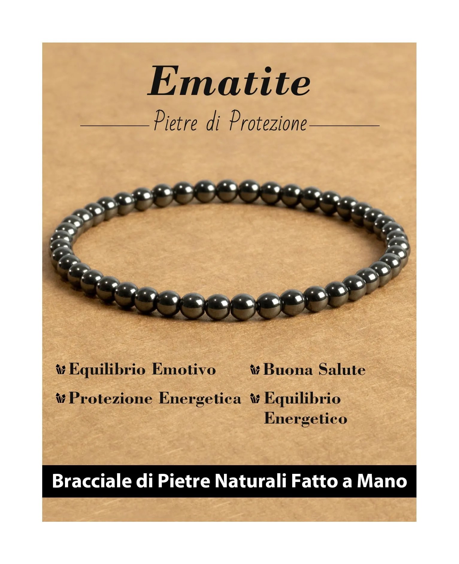 Landorilo Bracciale in Pietra Naturale Ematite, 4 mm, 18-19 cm - immagine 1