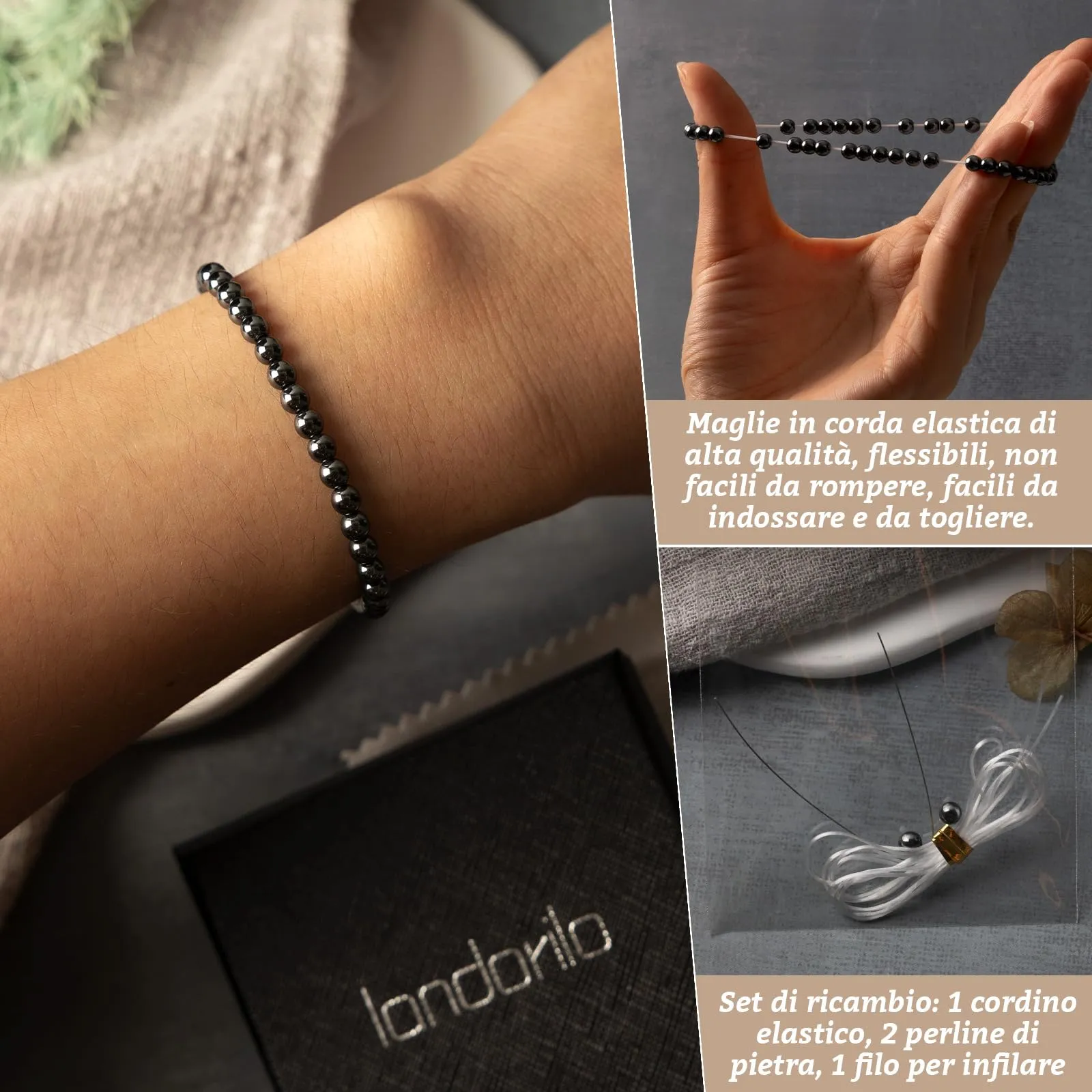 Landorilo Bracciale in Pietra Naturale Ematite, 4 mm, 18-19 cm - immagine 5