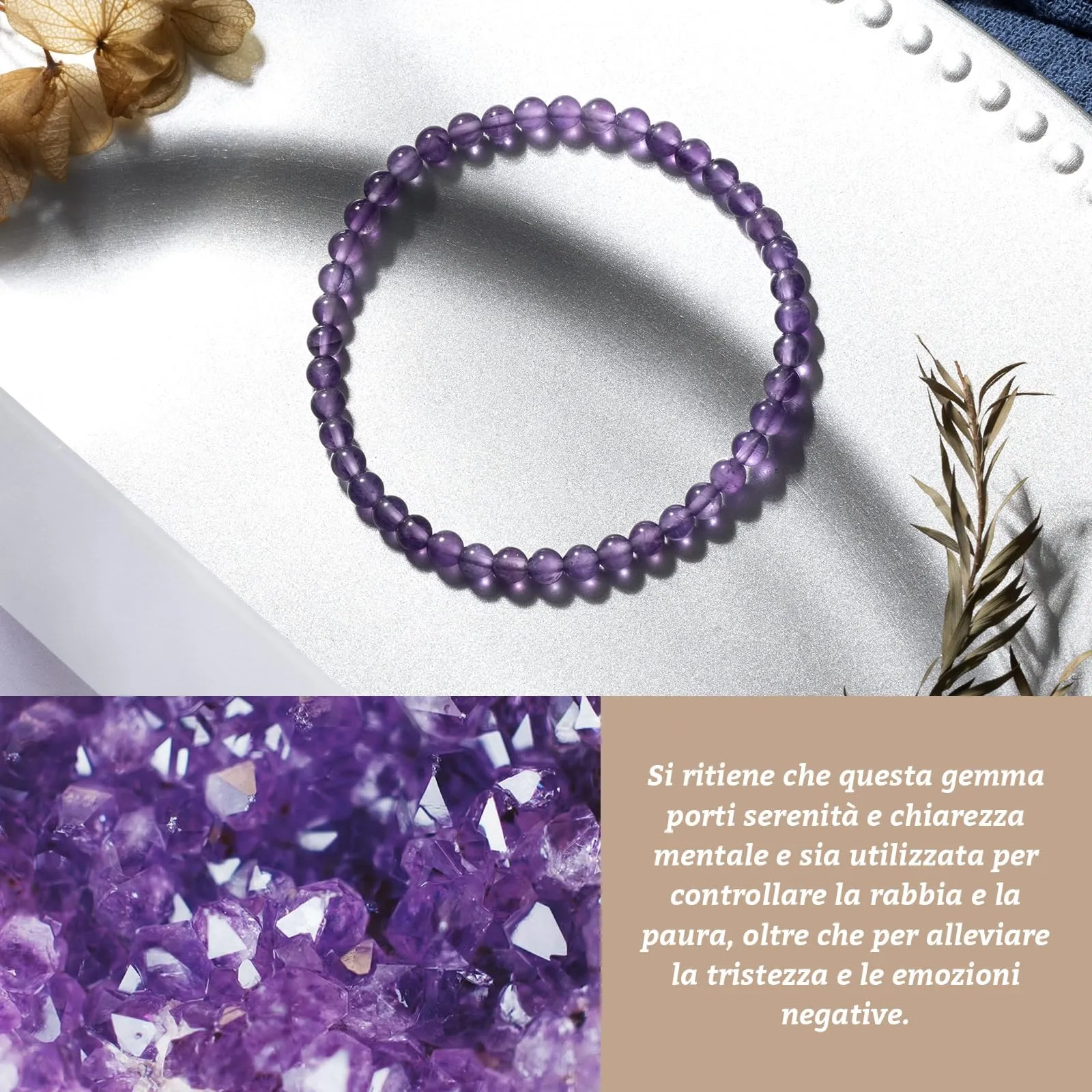 Landorilo Bracciale in Ametista Naturale 3A, 4 mm, 18-19 cm - immagine 3