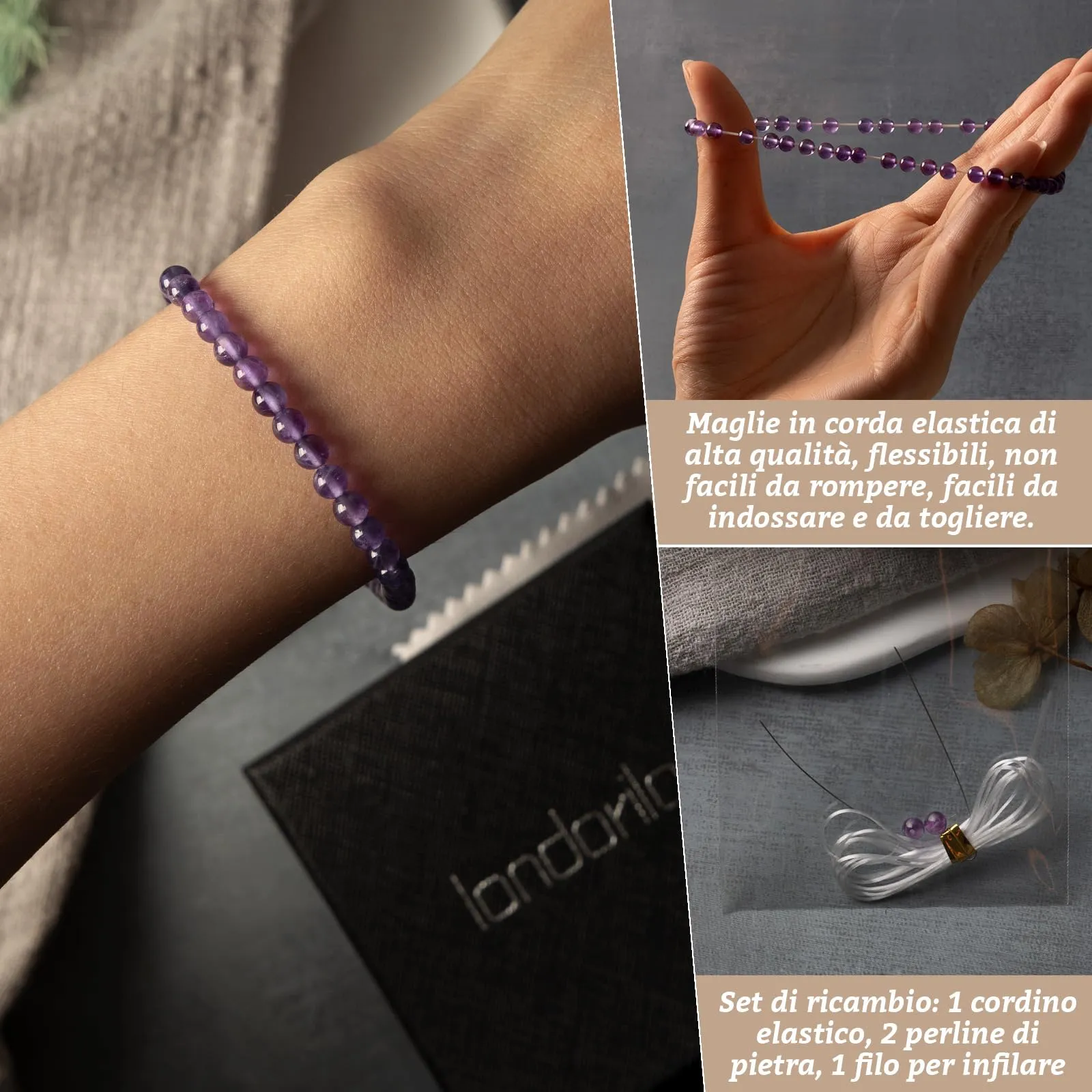 Landorilo Bracciale in Ametista Naturale 3A, 4 mm, 18-19 cm - immagine 5