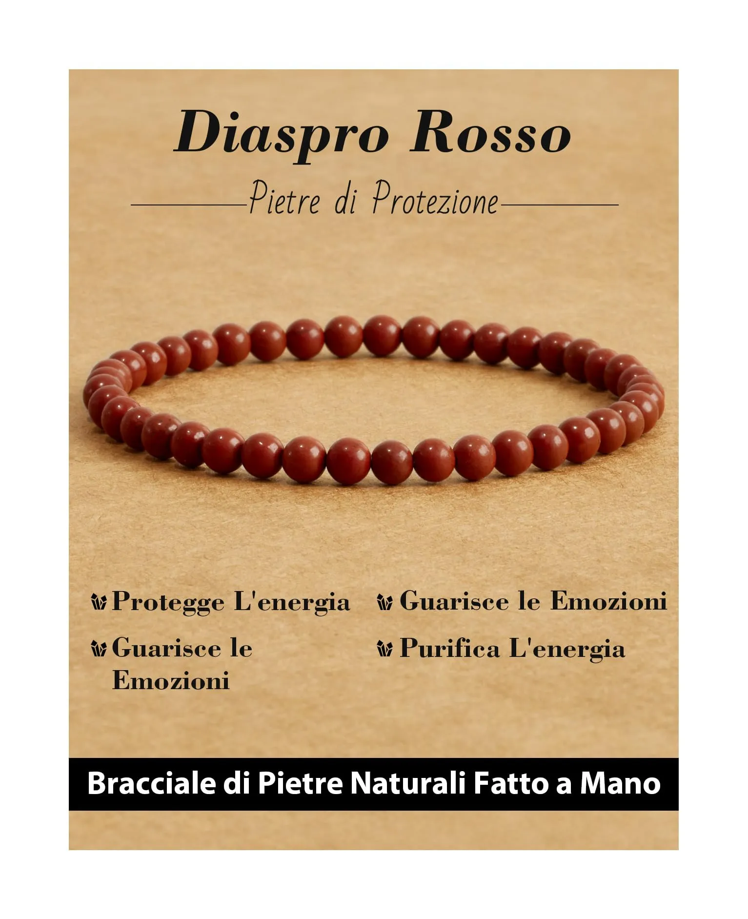 Landorilo Bracciale in Pietra Naturale Diaspro Rosso 4 mm - immagine 1