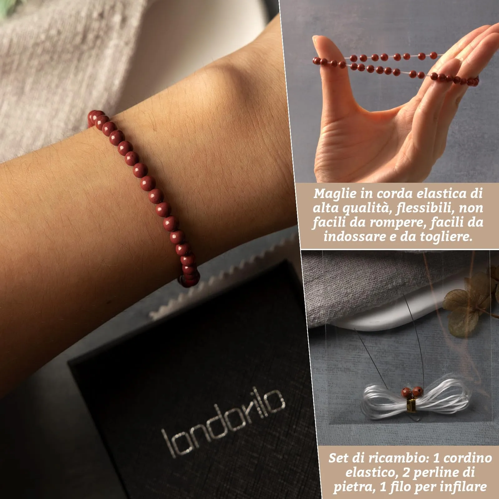 Landorilo Bracciale in Pietra Naturale Diaspro Rosso 4 mm - immagine 5