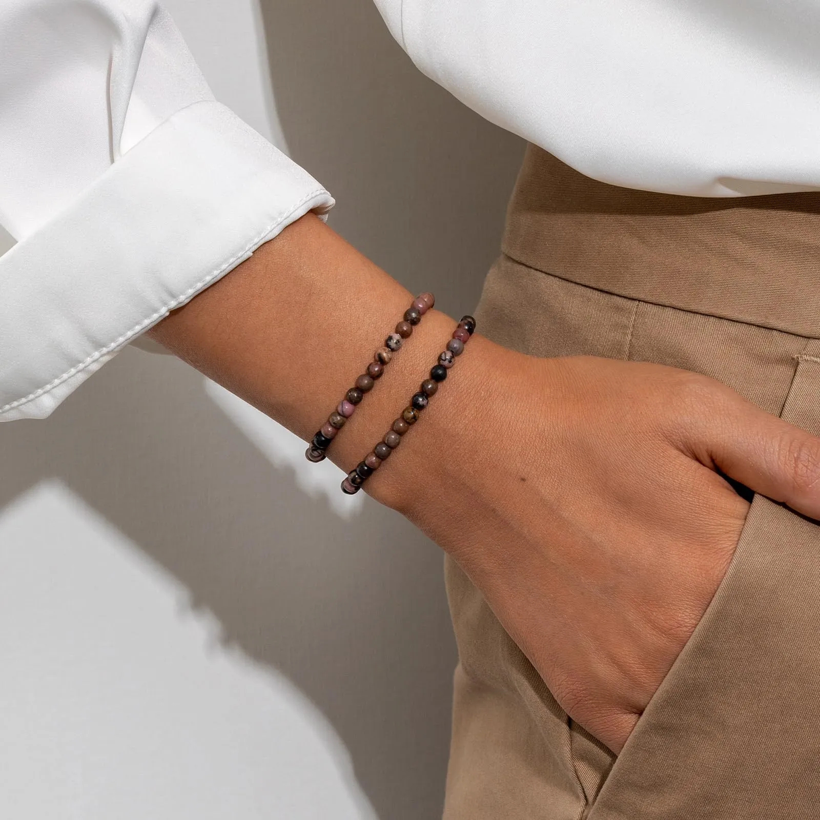 Landorilo Bracciale in Pietra Naturale 4 mm, Rodonite Nera Rosa, Set da 2 Pezzi, 18-19 cm - immagine 2