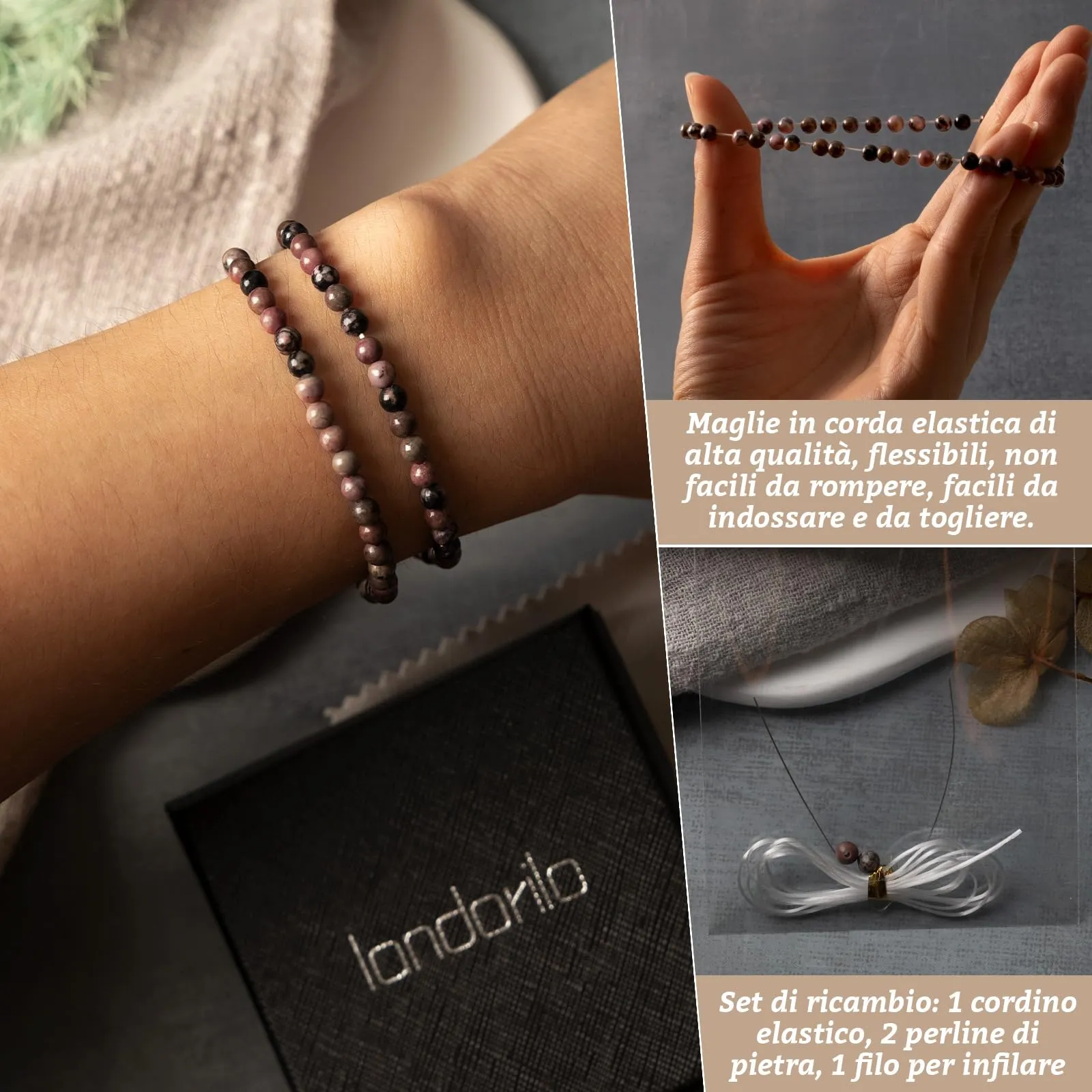 Landorilo Bracciale in Pietra Naturale 4 mm, Rodonite Nera Rosa, Set da 2 Pezzi, 18-19 cm - immagine 5