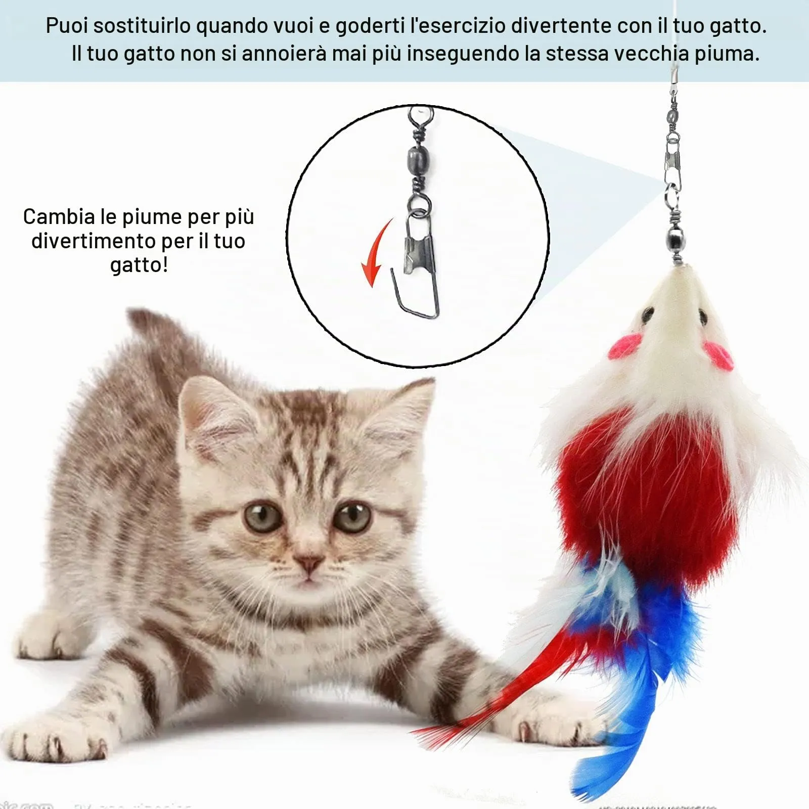 onebarleycorn Giochi con Piume per Gatto, Set da 9 Pezzi con Bacchetta Interattiva Retrattabile e 8 Ricariche - immagine 6