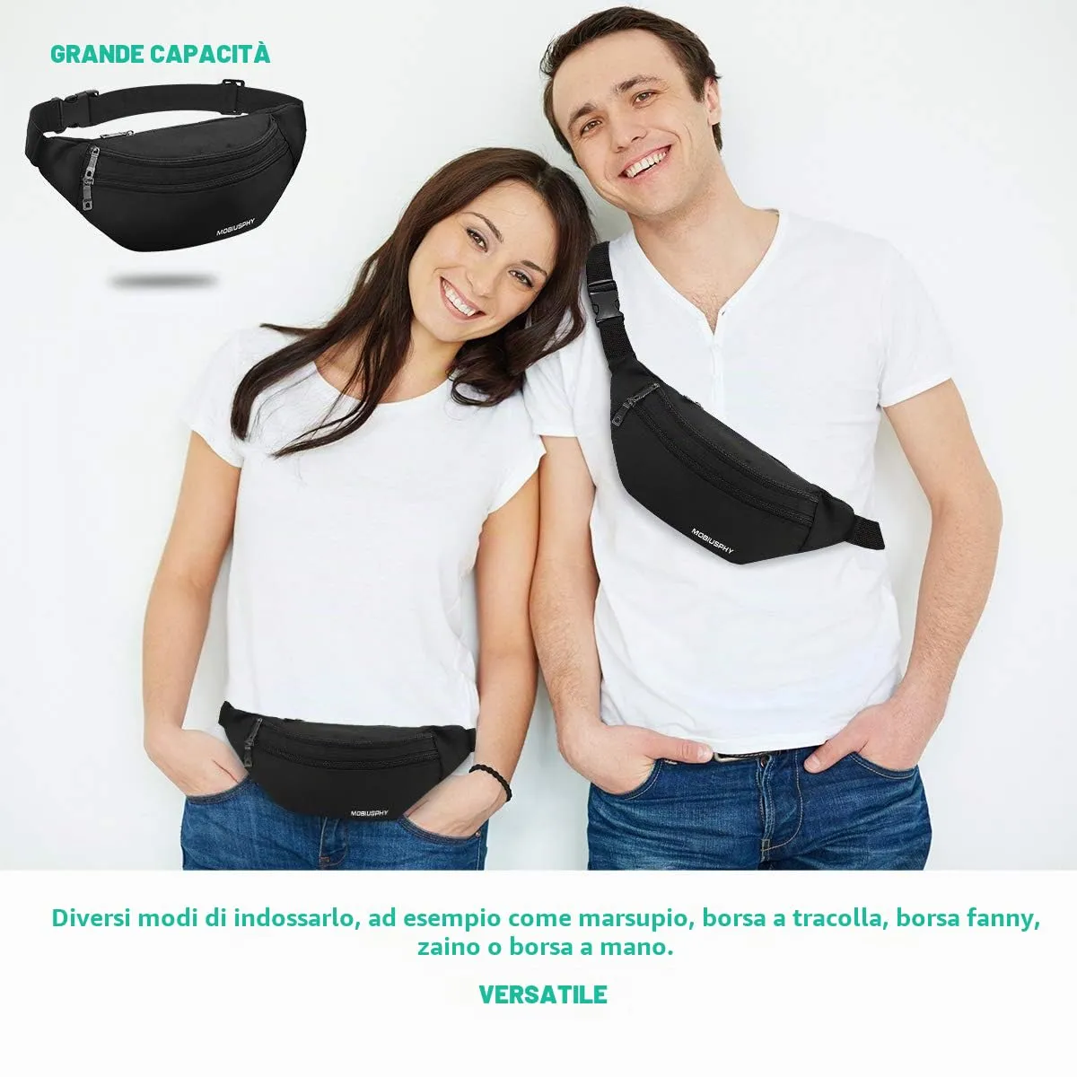 MOBIUSPHY Marsupio Sportivo Impermeabile per Donna e Uomo, Cintura da Corsa e Viaggio Regolabile (Nero) - immagine 2