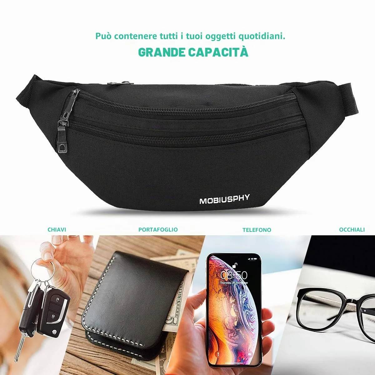 MOBIUSPHY Marsupio Sportivo Impermeabile per Donna e Uomo, Cintura da Corsa e Viaggio Regolabile (Nero) - immagine 4