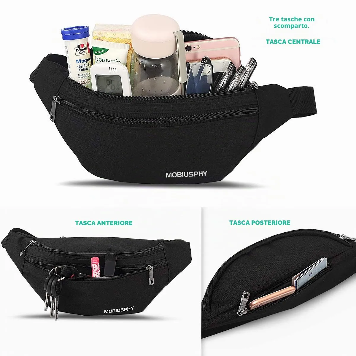 MOBIUSPHY Marsupio Sportivo Impermeabile per Donna e Uomo, Cintura da Corsa e Viaggio Regolabile (Nero) - immagine 5