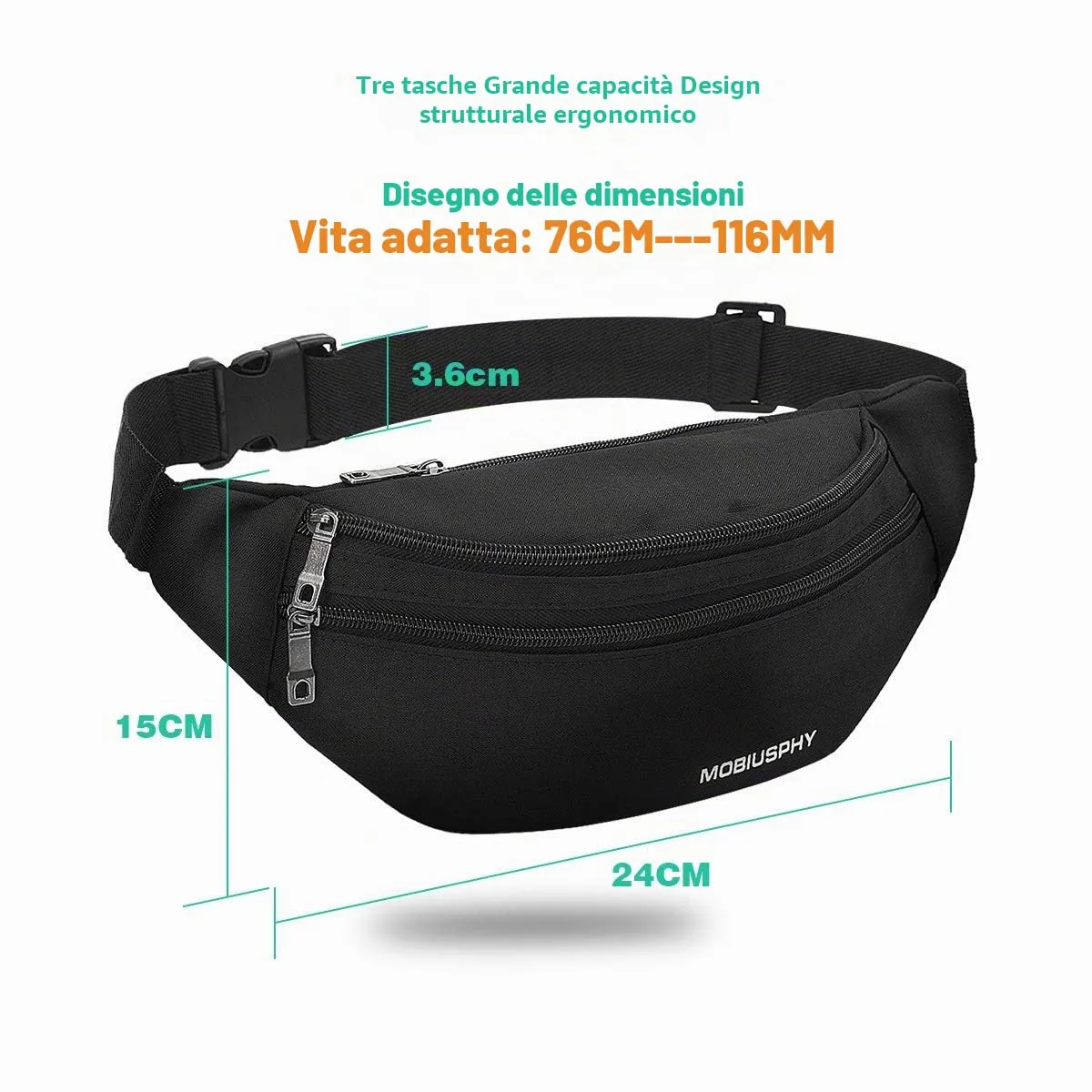 MOBIUSPHY Marsupio Sportivo Impermeabile per Donna e Uomo, Cintura da Corsa e Viaggio Regolabile (Nero) - immagine 7