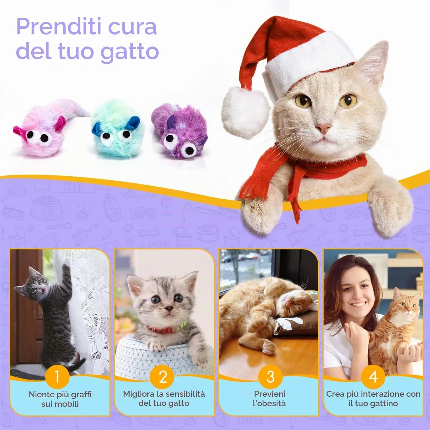 Nobleza Set di 3 Giocattoli per Gatti in Peluche con Erba Gatta, Topi Interattivi Colorati - immagine 2