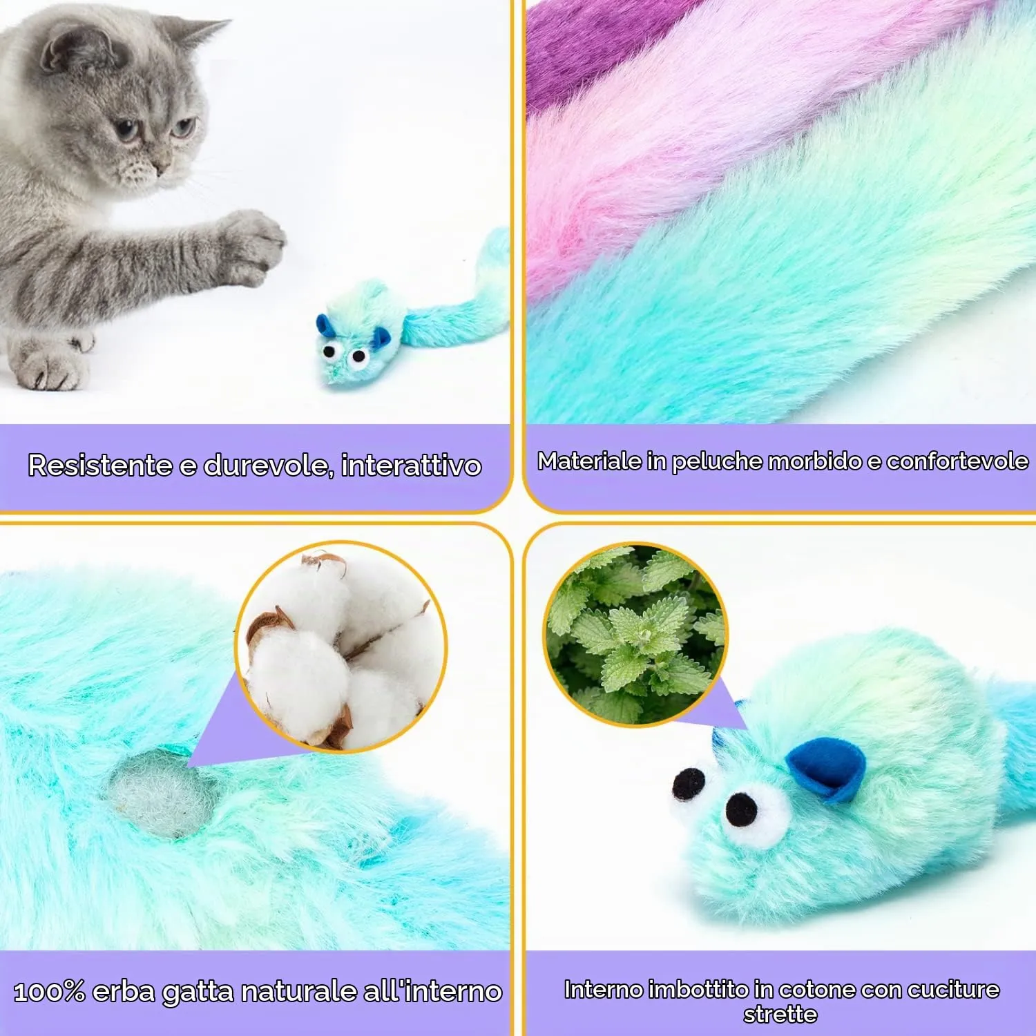 Nobleza Set di 3 Giocattoli per Gatti in Peluche con Erba Gatta, Topi Interattivi Colorati - immagine 5