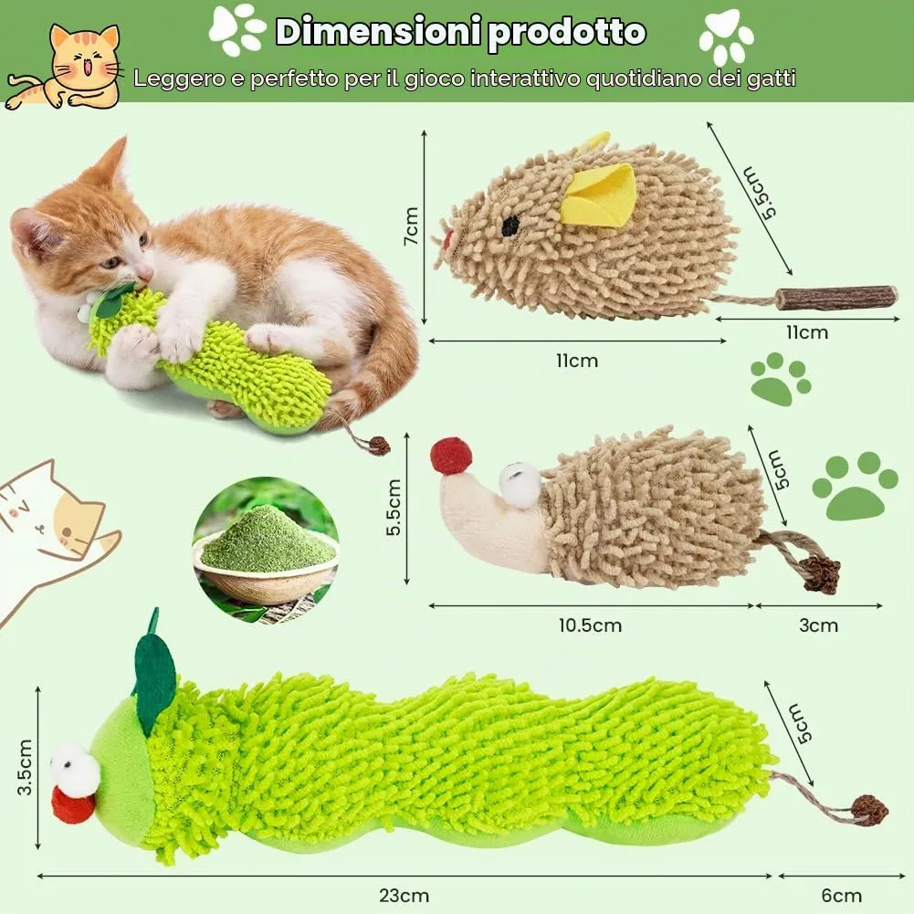 OSDUE Gioco per Gatti con Catnip, 3 Peluche a forma di Bruco, Topo e Riccio - immagine 2