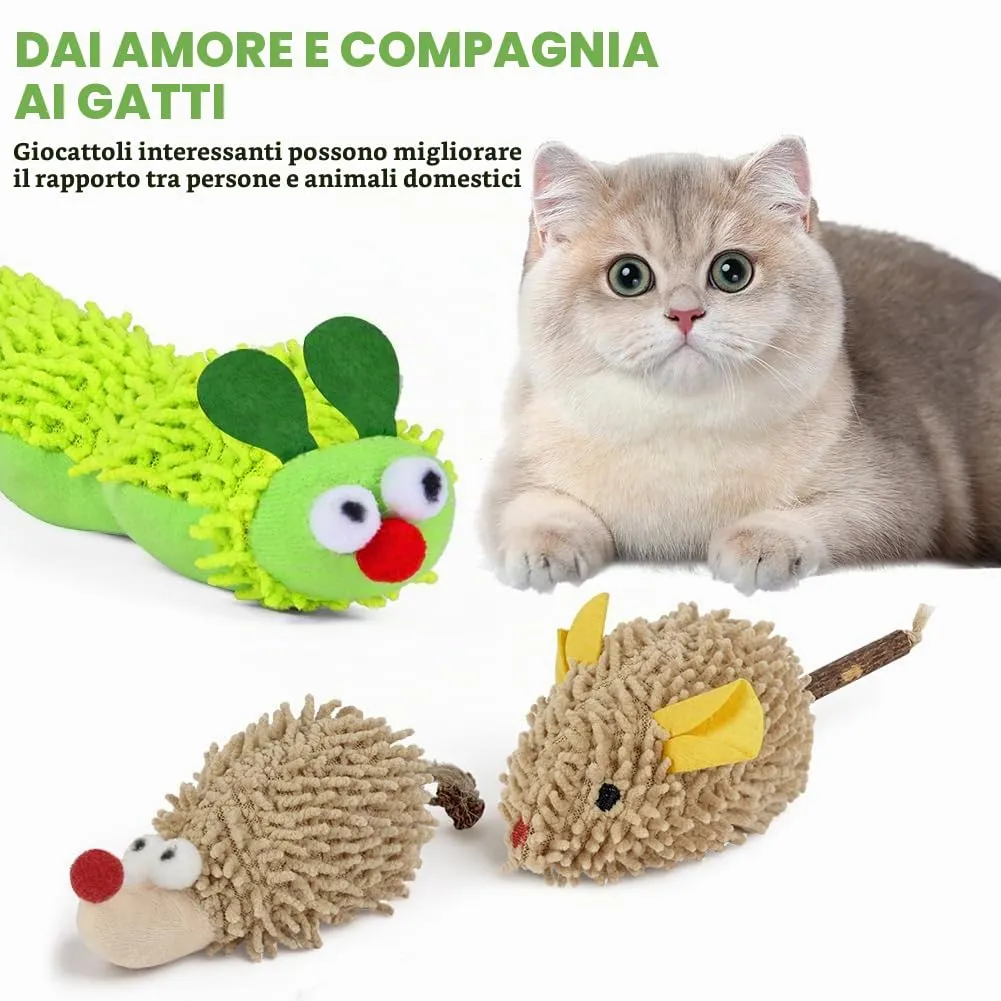 OSDUE Gioco per Gatti con Catnip, 3 Peluche a forma di Bruco, Topo e Riccio - immagine 5
