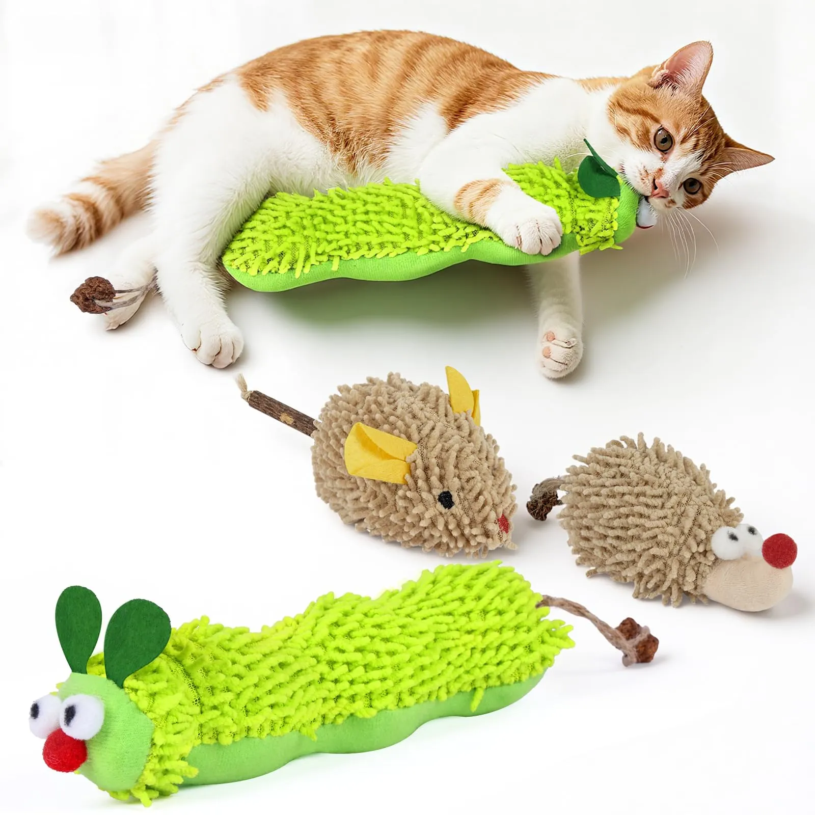 OSDUE Gioco per Gatti con Catnip, 3 Peluche a forma di Bruco, Topo e Riccio - immagine 8