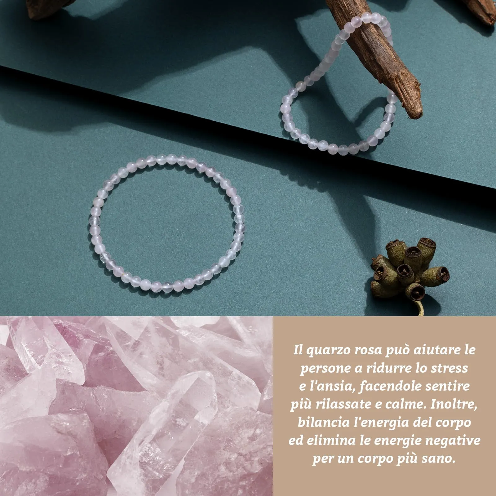 Landorilo Bracciale in Pietra Naturale 4 mm, Quarzo Rosa, Set da 2 Pezzi - immagine 3