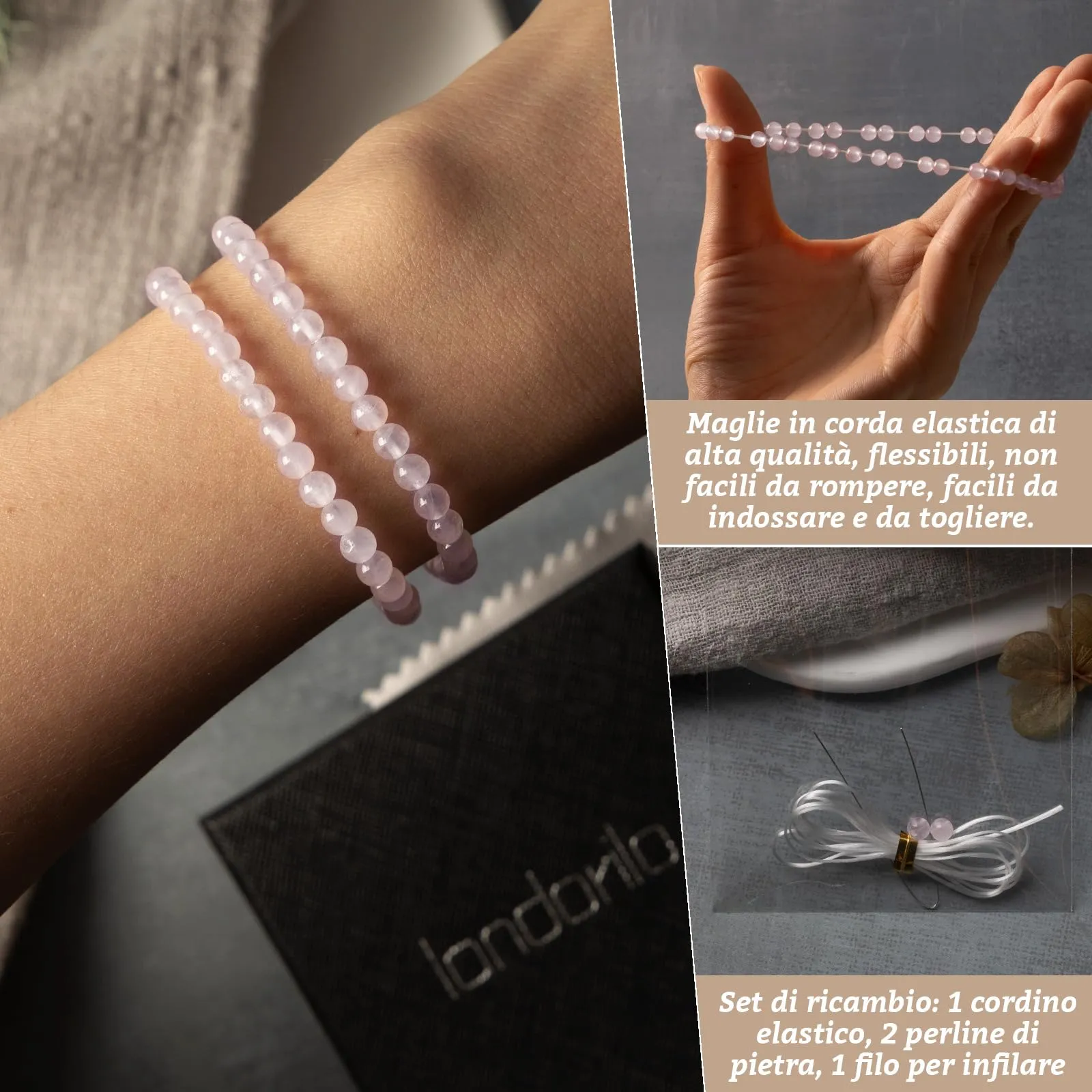 Landorilo Bracciale in Pietra Naturale 4 mm, Quarzo Rosa, Set da 2 Pezzi - immagine 5