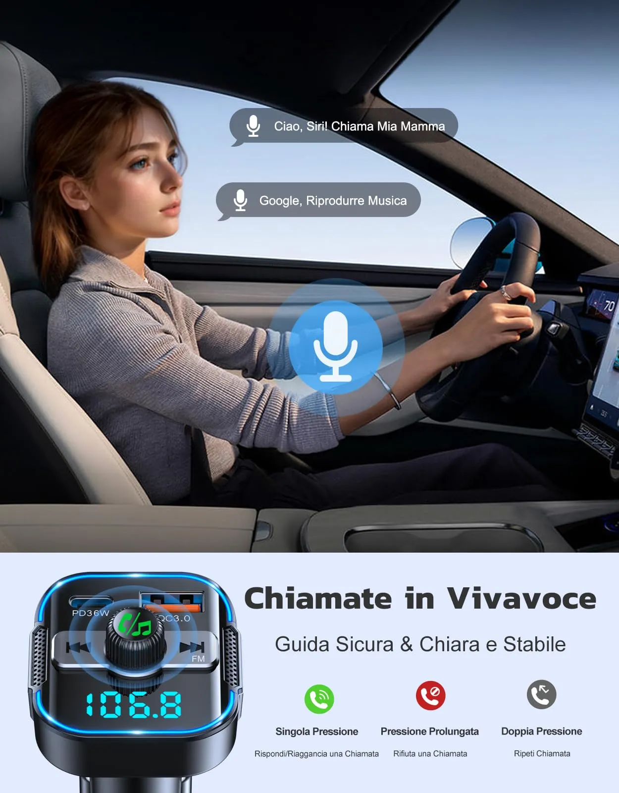 Glangeh Trasmettitore FM Bluetooth Auto PD 36W + QC3.0 18W BC47 - immagine 5