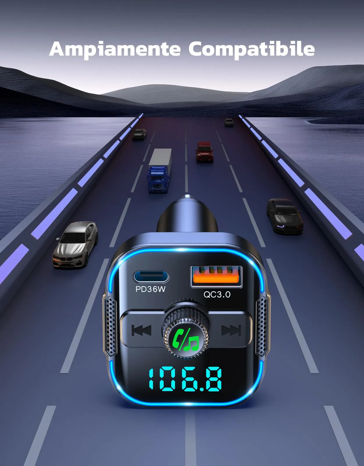 Glangeh Trasmettitore FM Bluetooth Auto PD 36W + QC3.0 18W BC47 - immagine 6