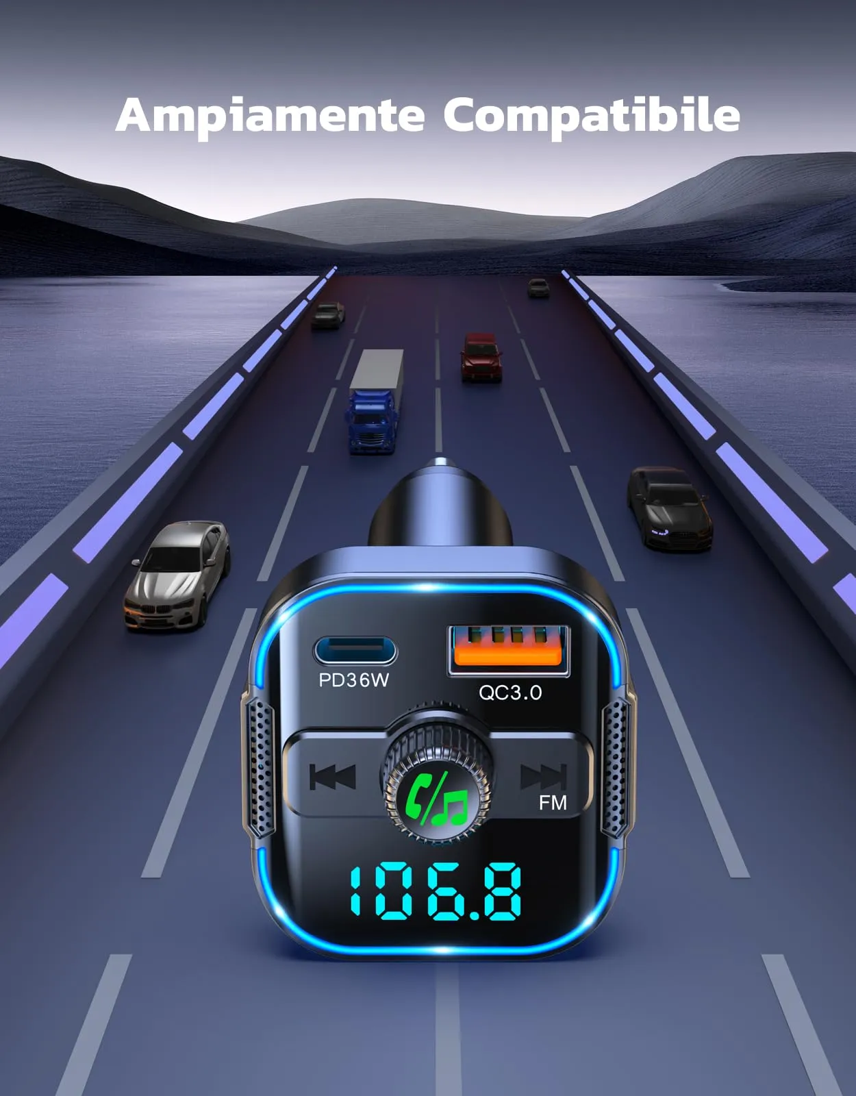 Glangeh Trasmettitore FM Bluetooth Auto PD 36W + QC3.0 18W BC47 - immagine 7