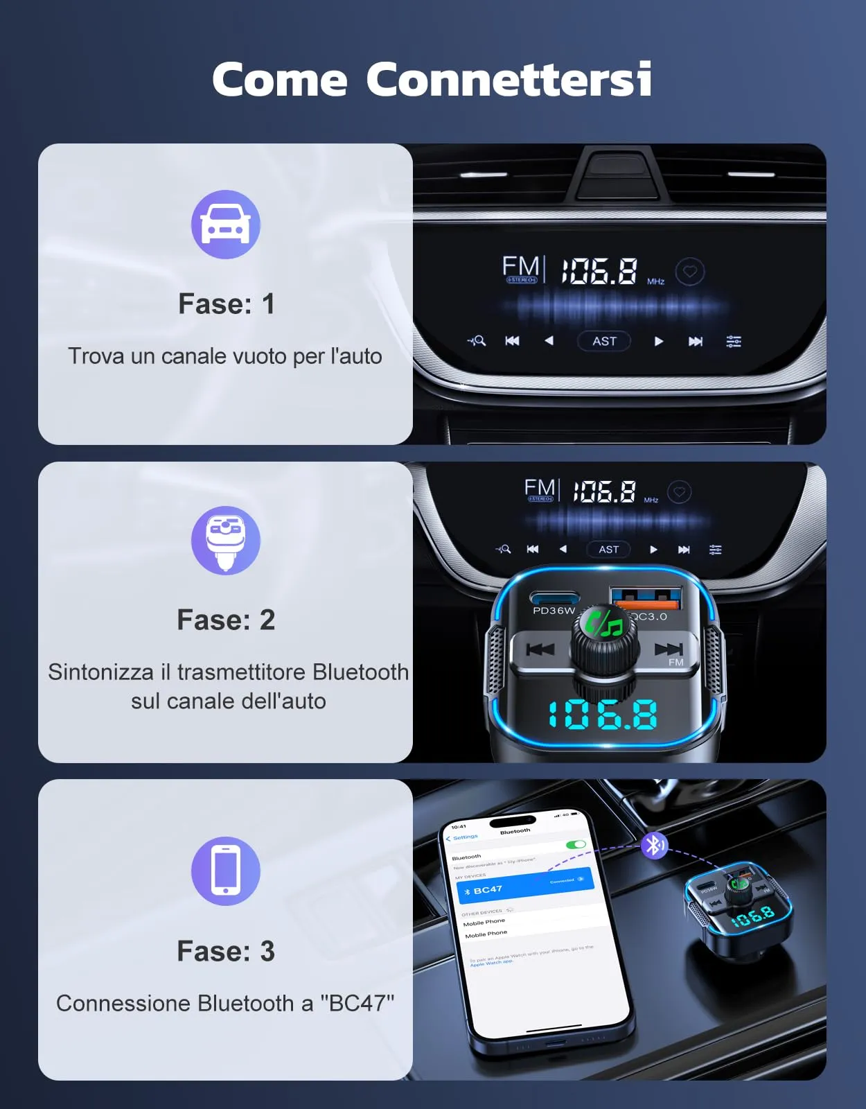 Glangeh Trasmettitore FM Bluetooth Auto PD 36W + QC3.0 18W BC47 - immagine 8