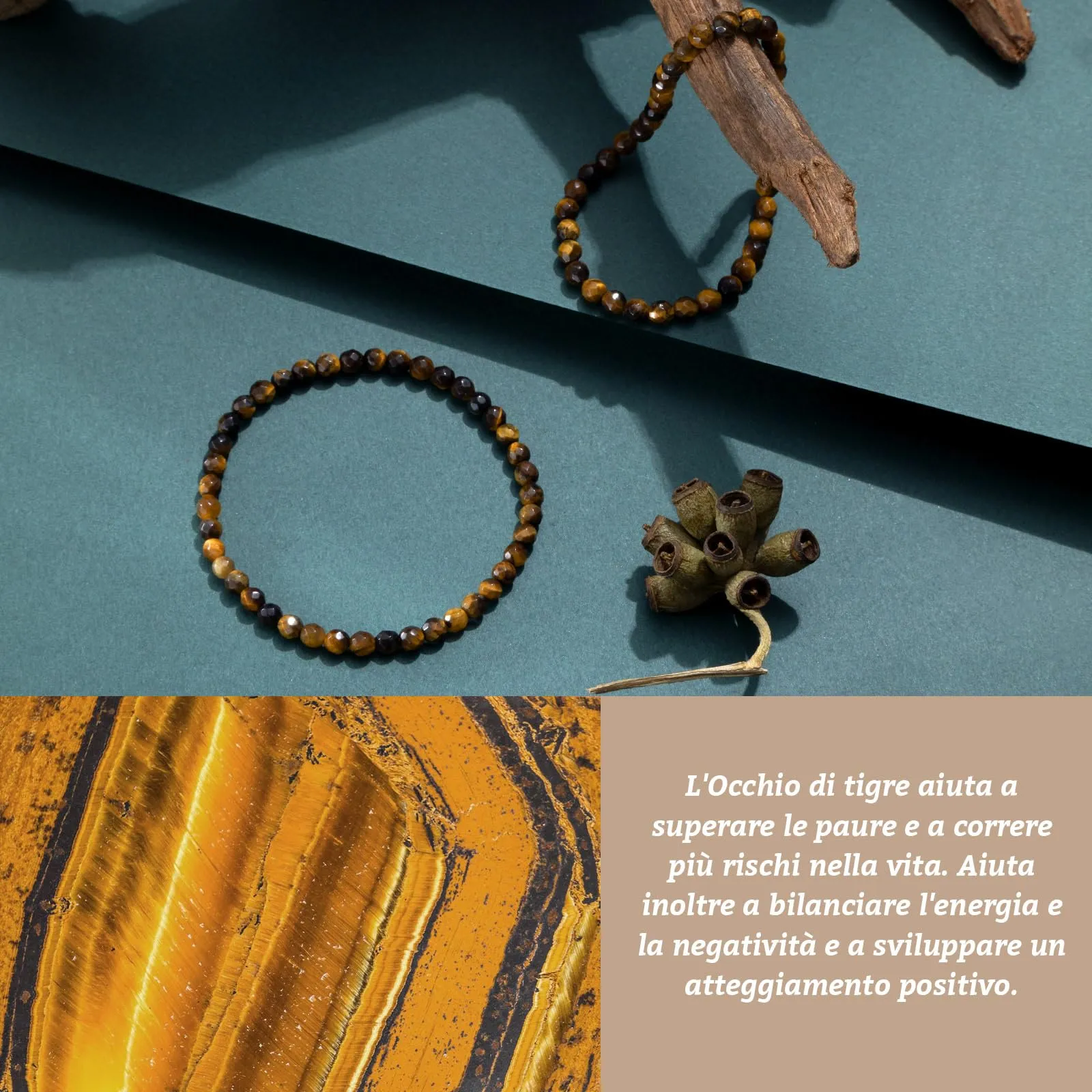 Landorilo Bracciale in Pietra Naturale Occhio di Tigre Giallo 4 mm, 18-19 cm, Set da 2 pezzi - immagine 3