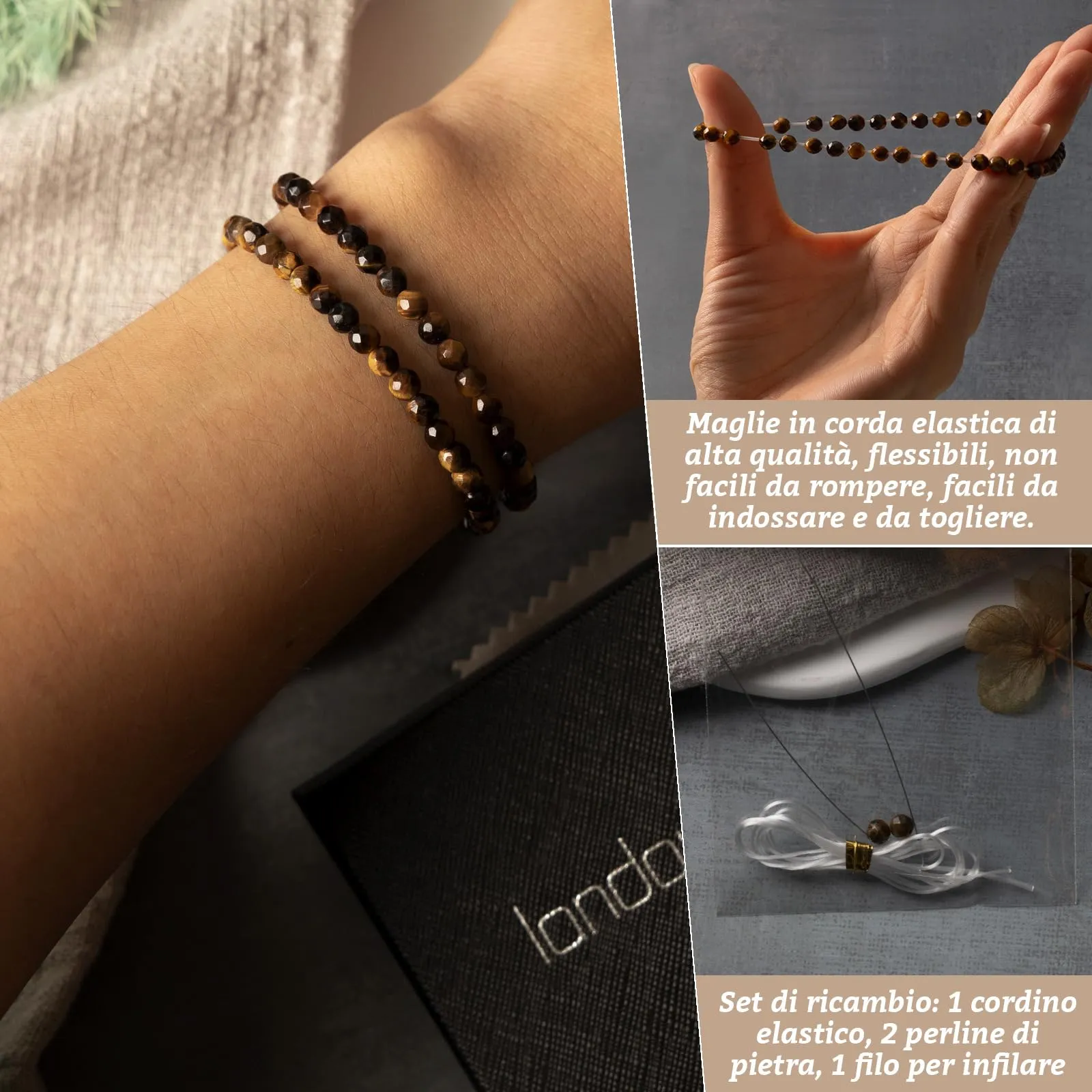 Landorilo Bracciale in Pietra Naturale Occhio di Tigre Giallo 4 mm, 18-19 cm, Set da 2 pezzi - immagine 5