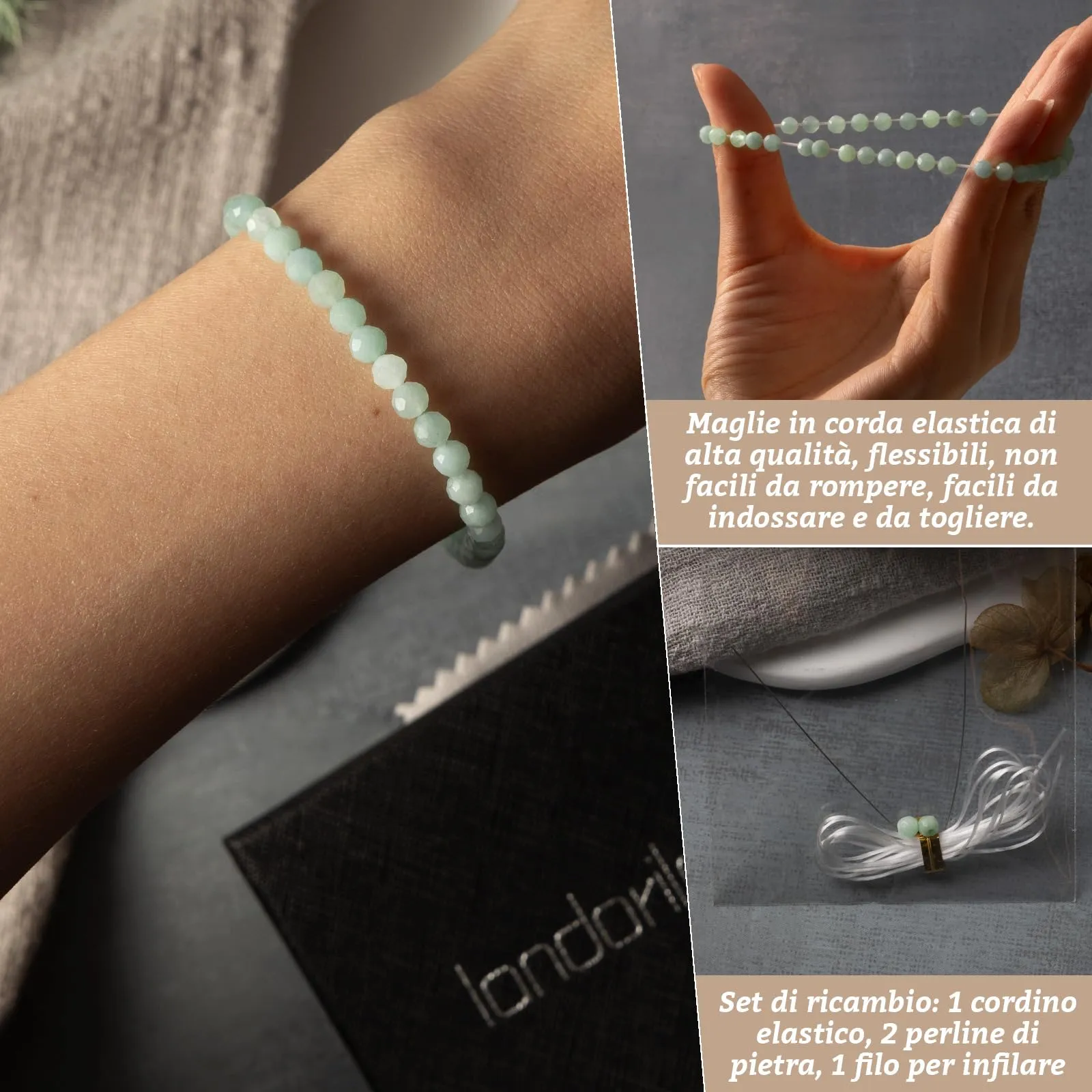 Landorilo Bracciale in Amazzonite Blu, Pietra Naturale Sfaccettata 4 mm - immagine 5