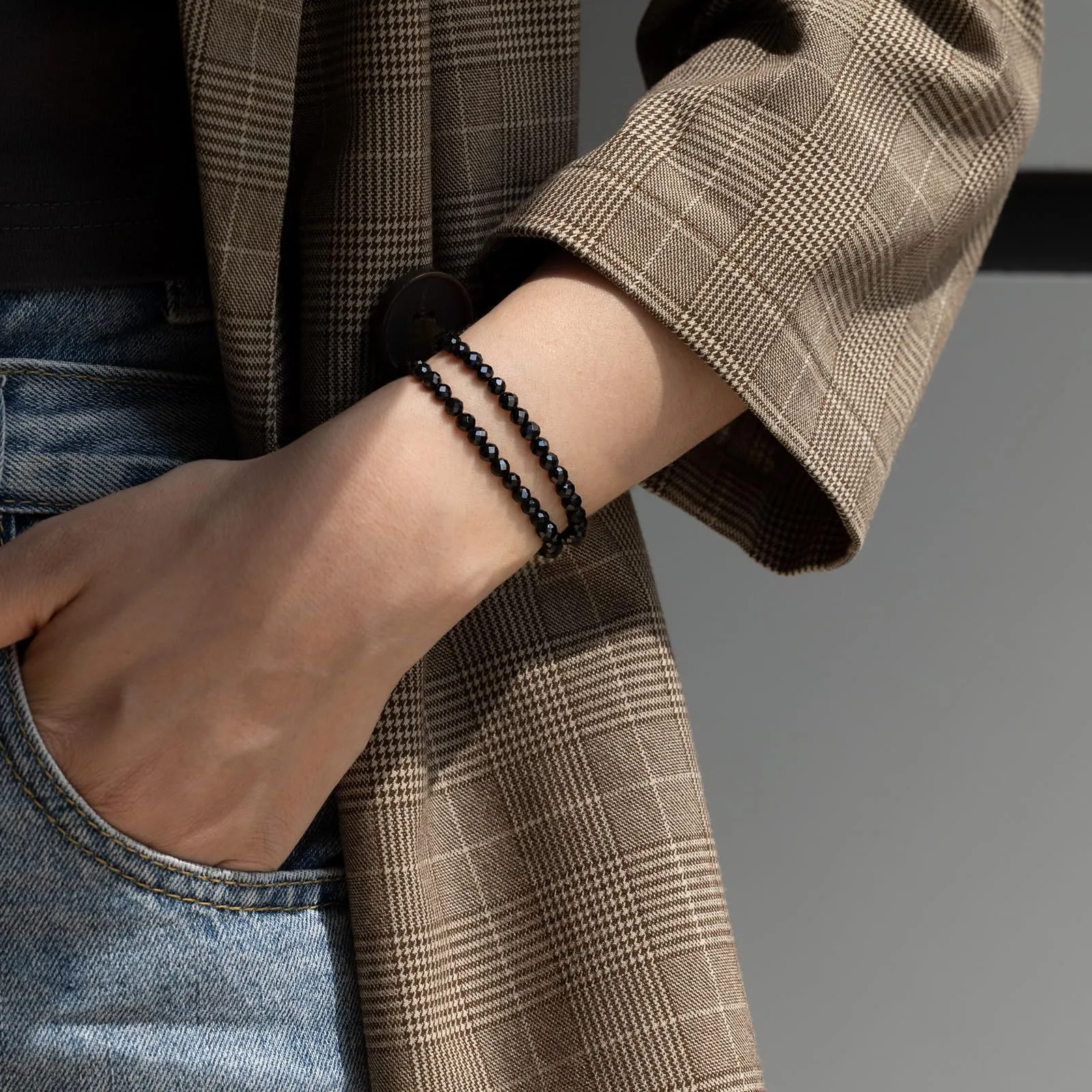 Landorilo Bracciale in Tormalina Nera, Pietra Naturale Sfaccettata 4 mm, 18-19 cm, Set da 2 pezzi - immagine 2