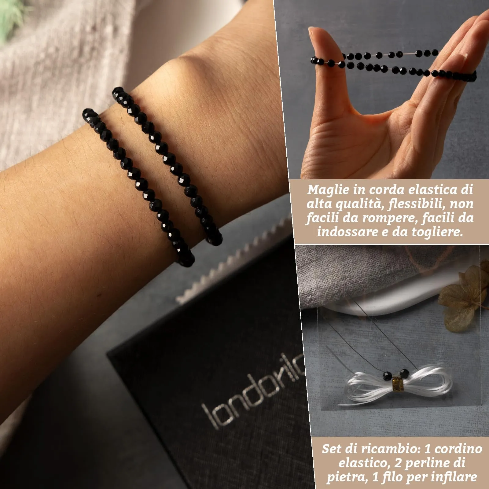 Landorilo Bracciale in Tormalina Nera, Pietra Naturale Sfaccettata 4 mm, 18-19 cm, Set da 2 pezzi - immagine 5