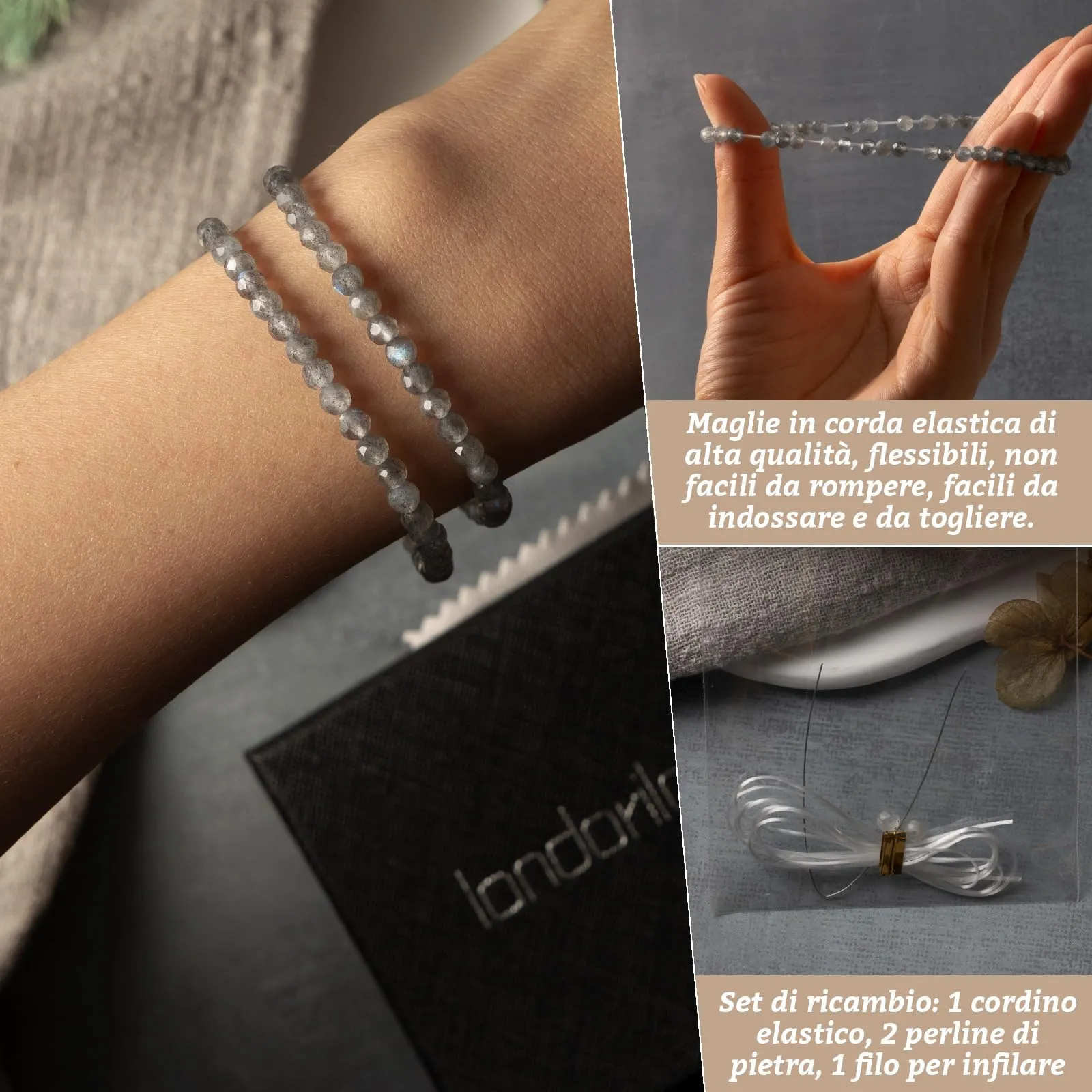 Landorilo Bracciale in Pietra Naturale Labradorite 4 mm, Set da 2 pezzi - immagine 5
