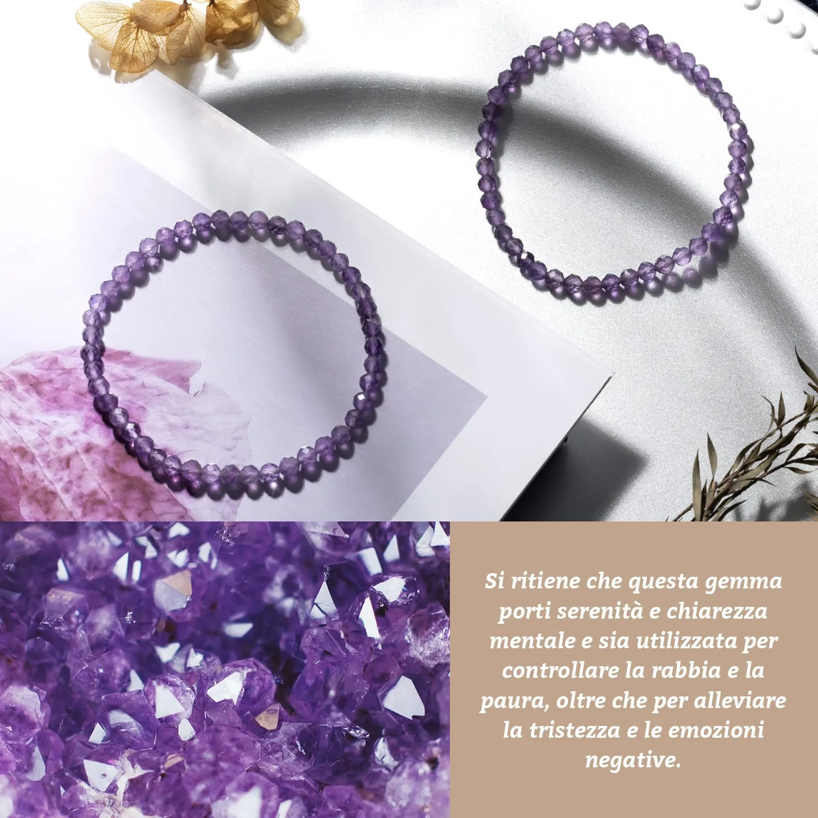 Landorilo Bracciale in Ametista Naturale 4 mm, Set da 2 Pezzi - immagine 3
