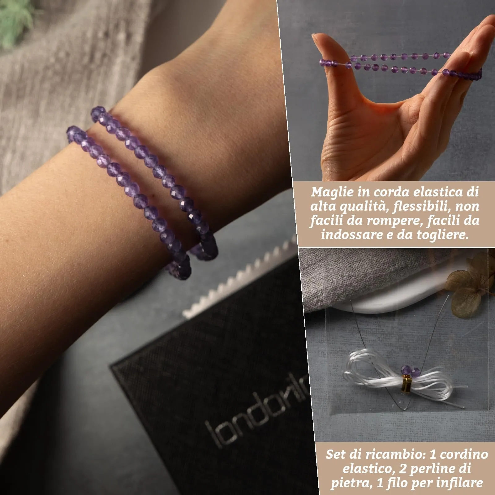 Landorilo Bracciale in Ametista Naturale 4 mm, Set da 2 Pezzi - immagine 5