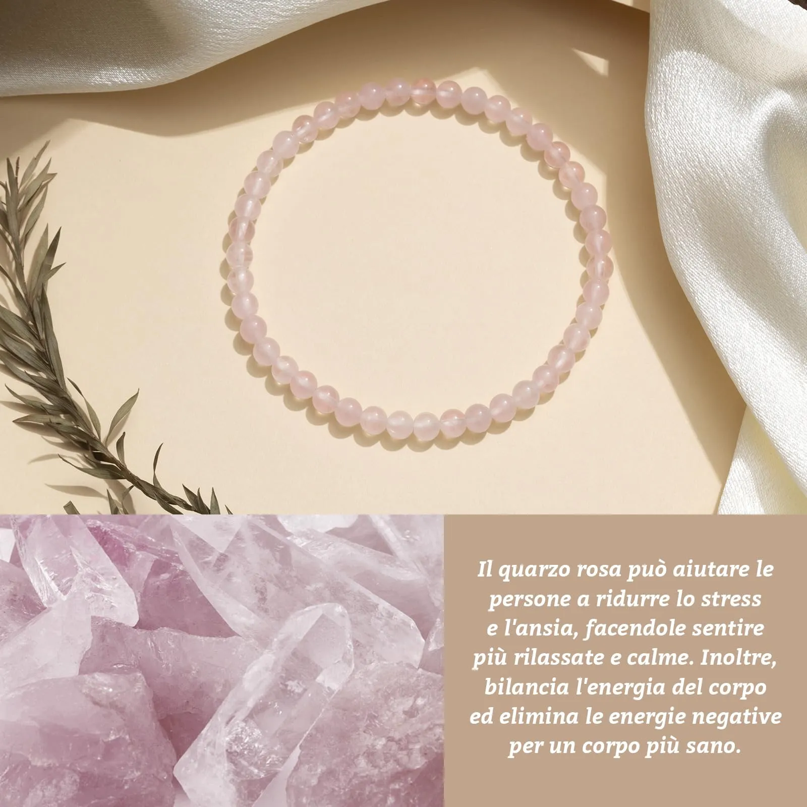 Landorilo Bracciale in Pietra Naturale Quarzo Rosa, 4 mm - immagine 3