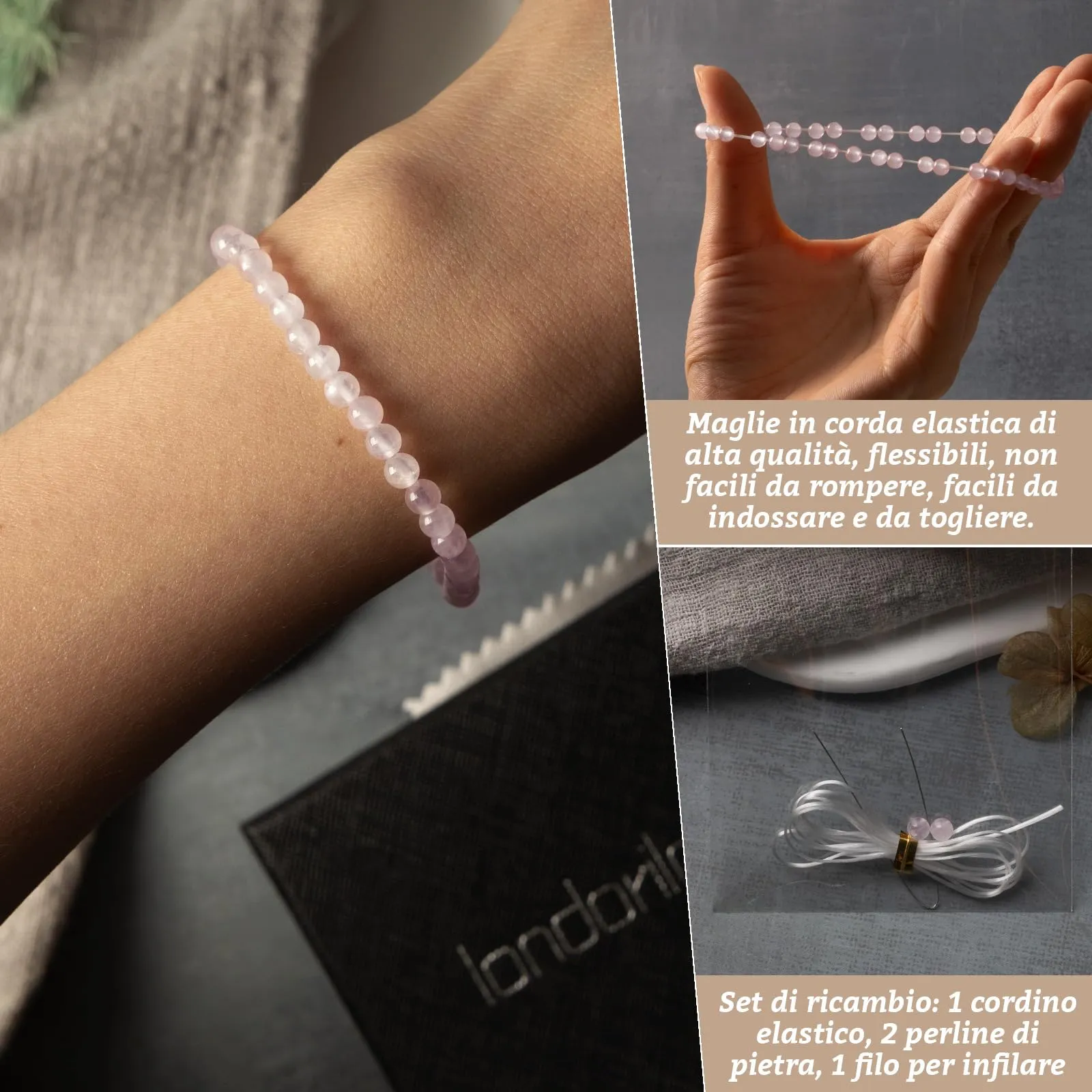 Landorilo Bracciale in Pietra Naturale Quarzo Rosa, 4 mm - immagine 5