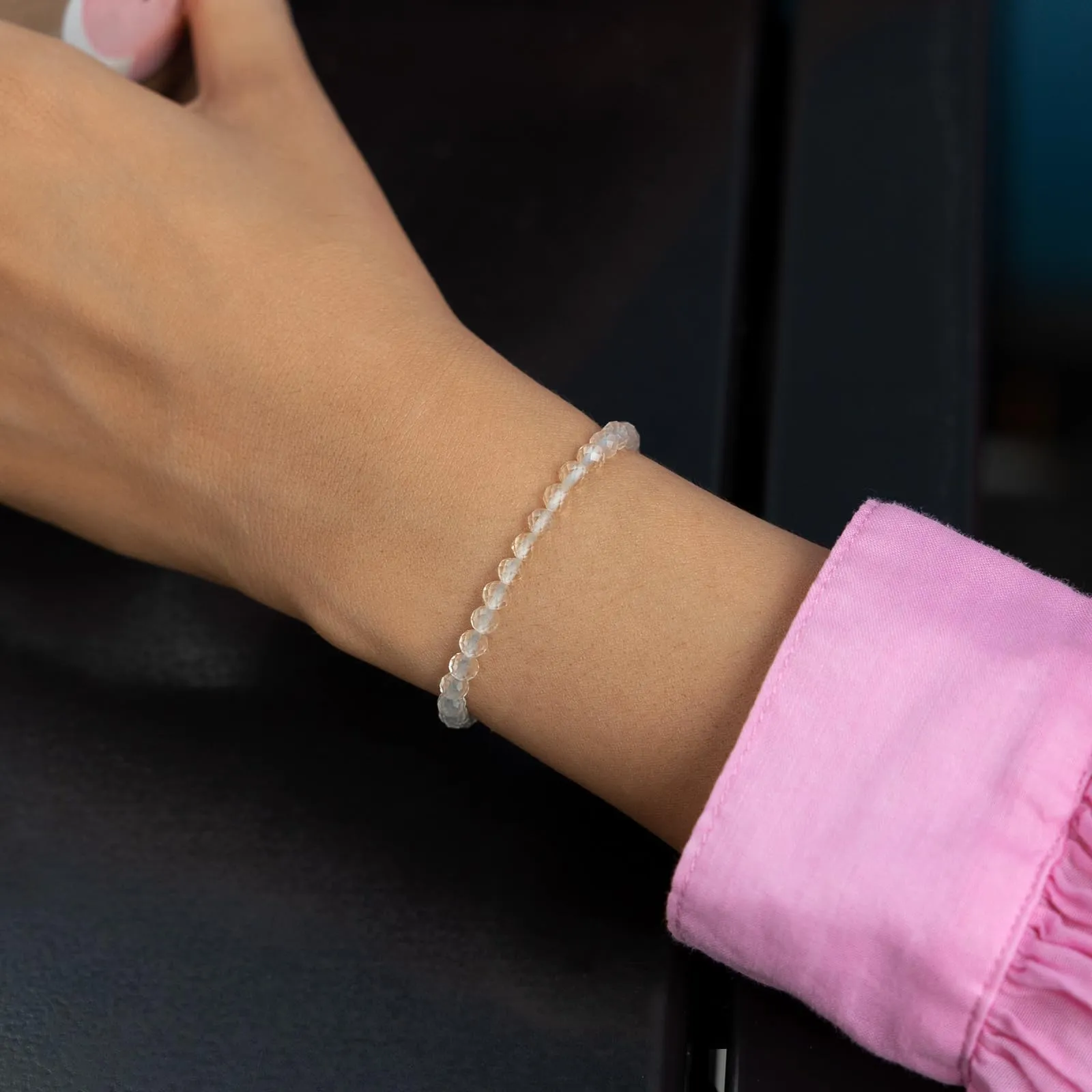 Landorilo Bracciale in Quarzo Bianco, Pietra Naturale Sfaccettata 4 mm, 18-19 cm - immagine 2