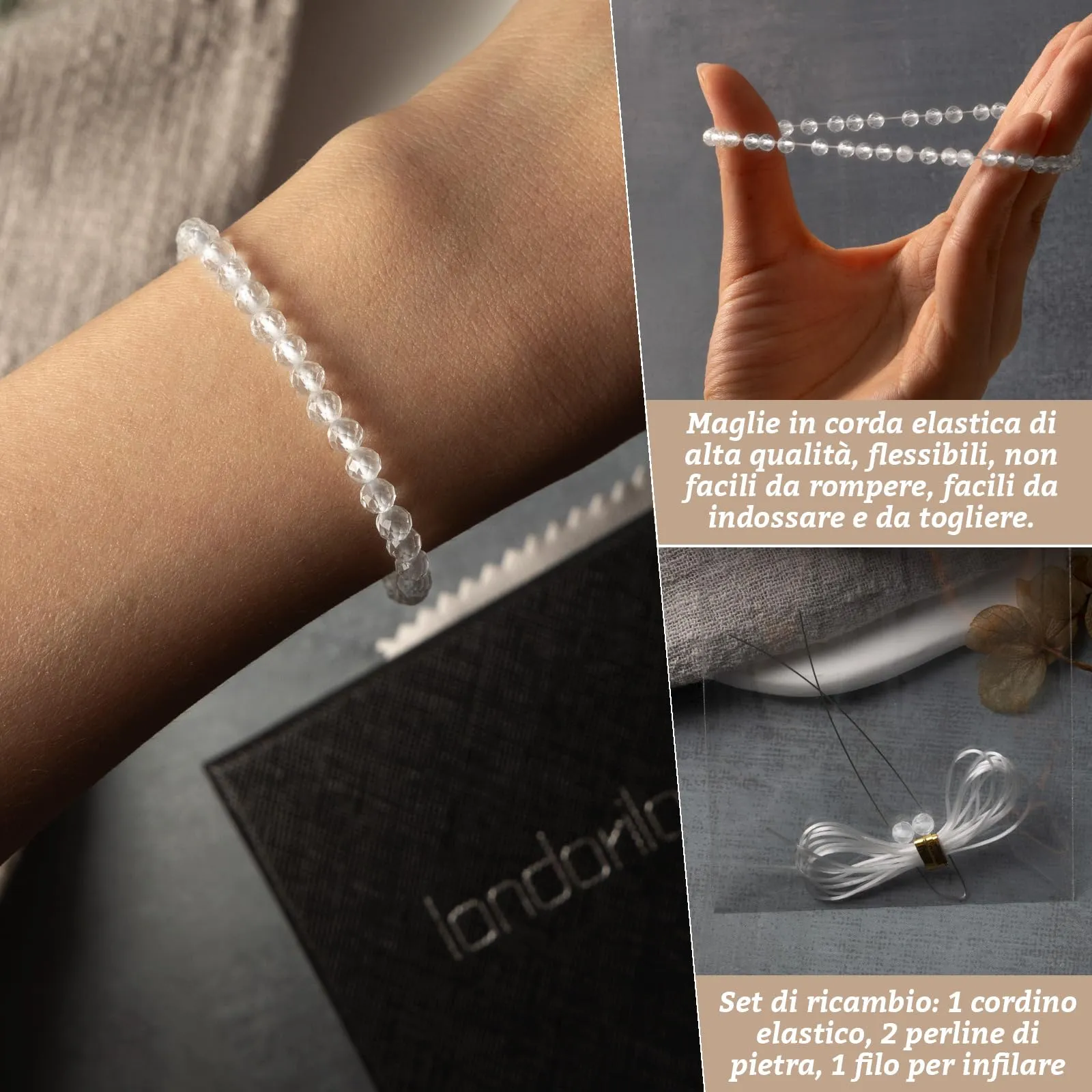 Landorilo Bracciale in Quarzo Bianco, Pietra Naturale Sfaccettata 4 mm, 18-19 cm - immagine 5