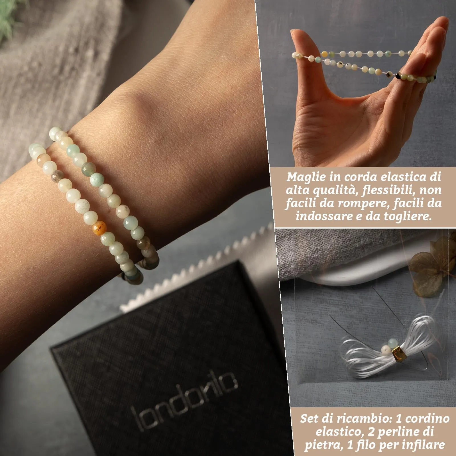 Landorilo Bracciale in Pietra Naturale Amazzonite, 4 mm, Set da 2 - immagine 5