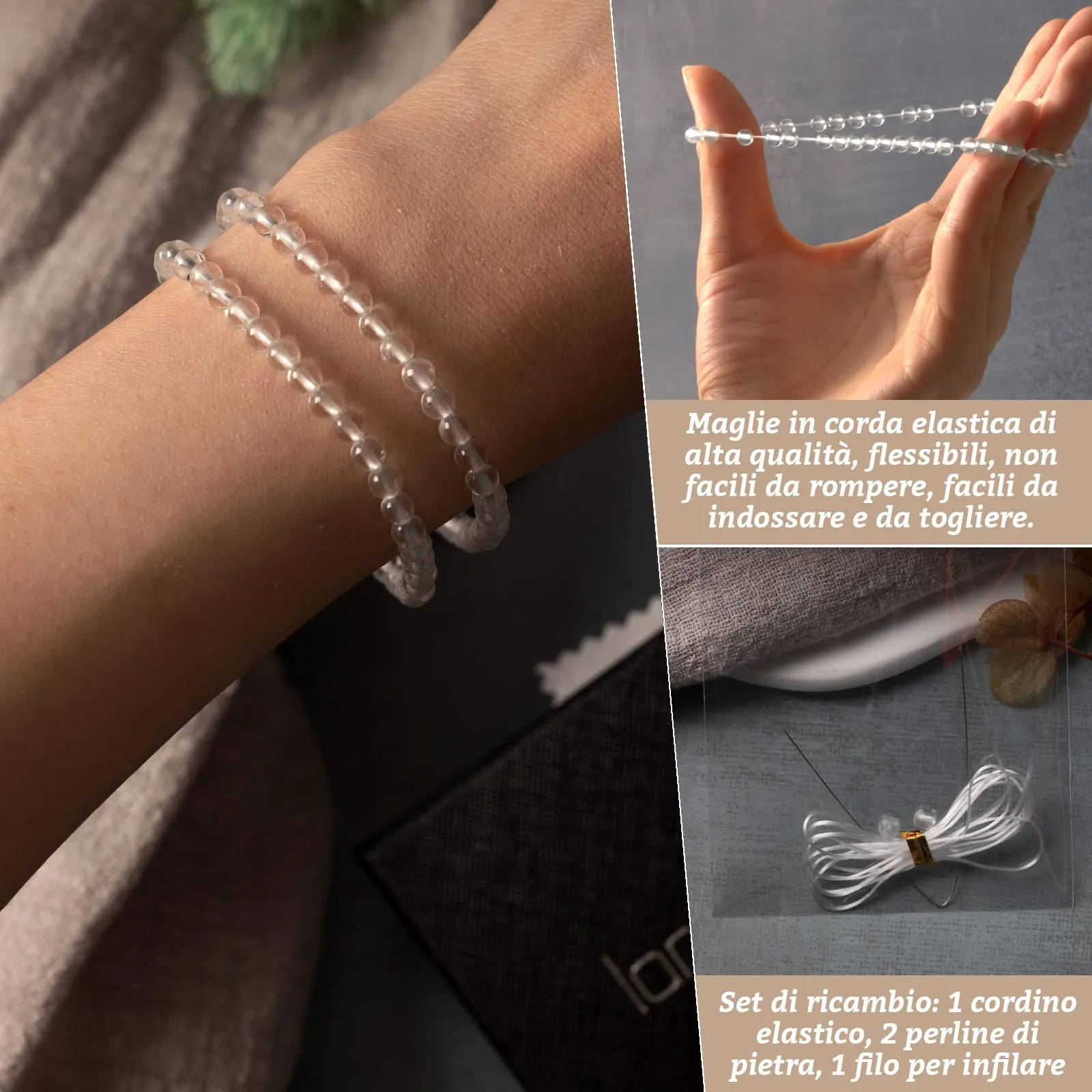 Landorilo Bracciale in Pietra Naturale Quarzo Bianco, 4 mm, Set da 2 Pezzi - immagine 5